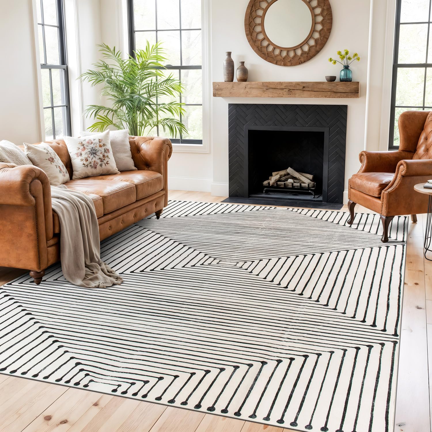 Rugshop Bohemian Stripes Washable Non Slip Area Rug 8' x 10' Ivory