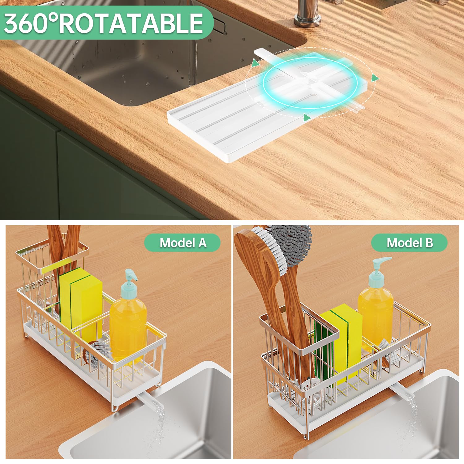 Sponge Holder for Kitchen Sink with Auto Draining Tray,Kitchen Sink Caddy Organizer with Brush Holder, Rustproof 304 Stainless Steel Dish Organizer Divider, Soap Dispenser Storage (Silver)