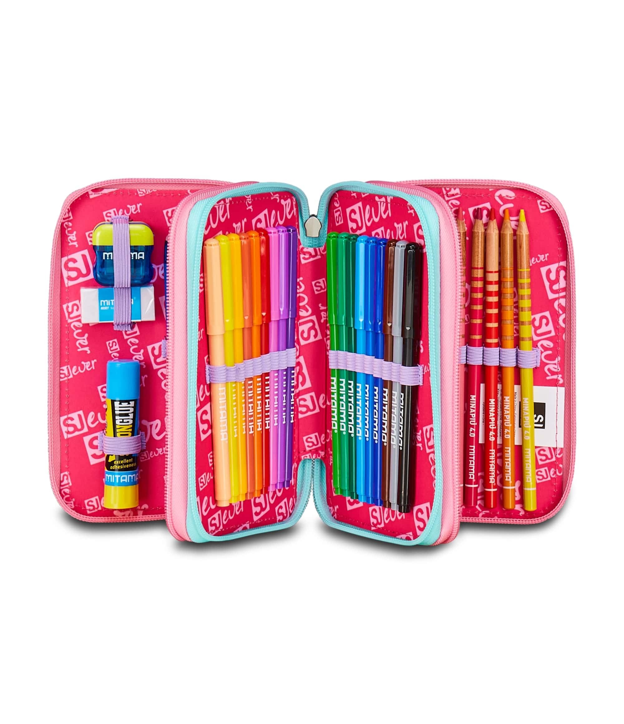 SJ GANG STYLE JAM GANG Astuccio Scuola 3 Zip Sj Ever, Viola, Portapenne Triplo Scomparto Completo Di Penne, Matite, Colori, Accessori Zaino, Scuola Elementare, Bambina