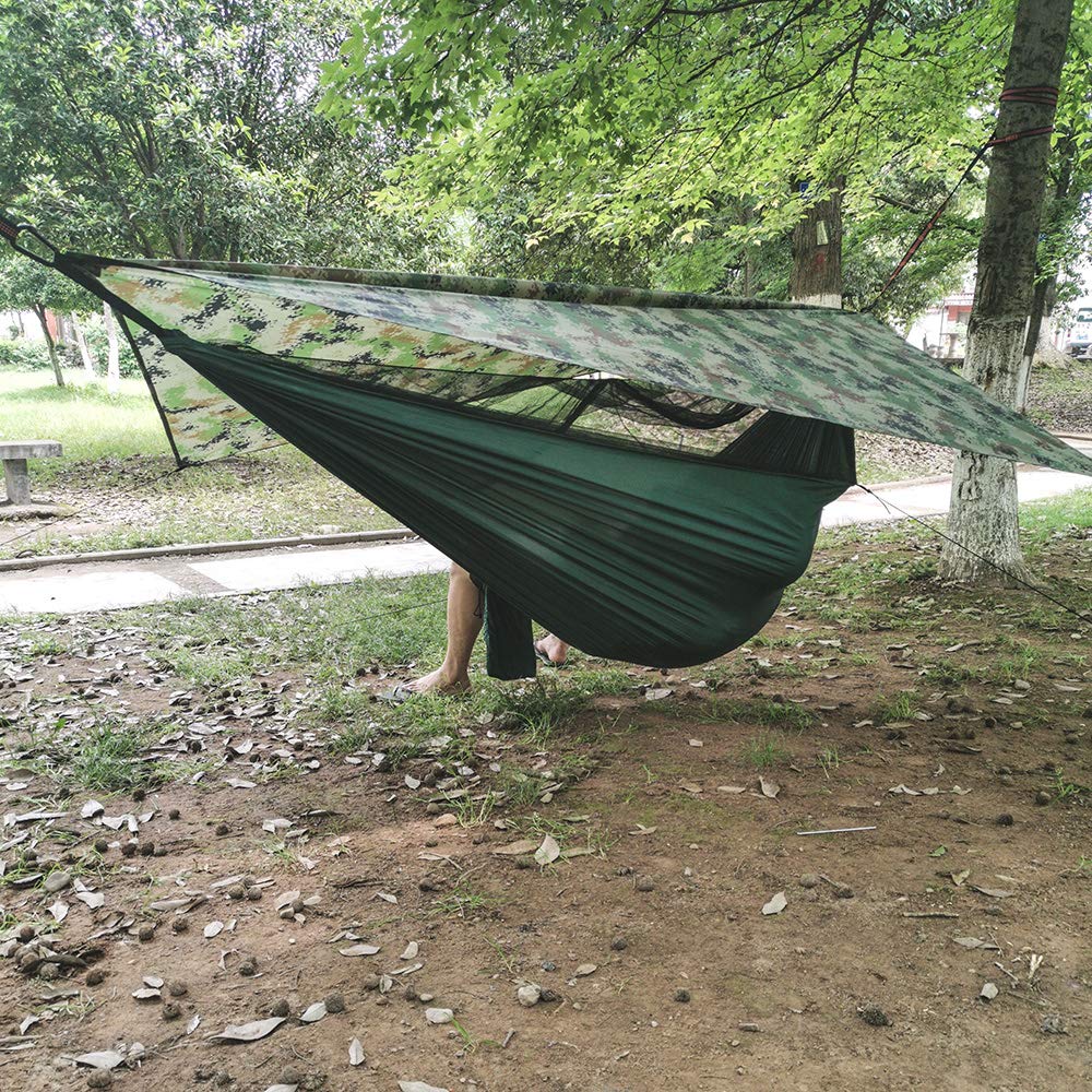 Amaca portatile da campeggio con zanzariera, telo antivento leggero, materiale bue 400D, ideale per escursioni all'aperto e avventura (verde)