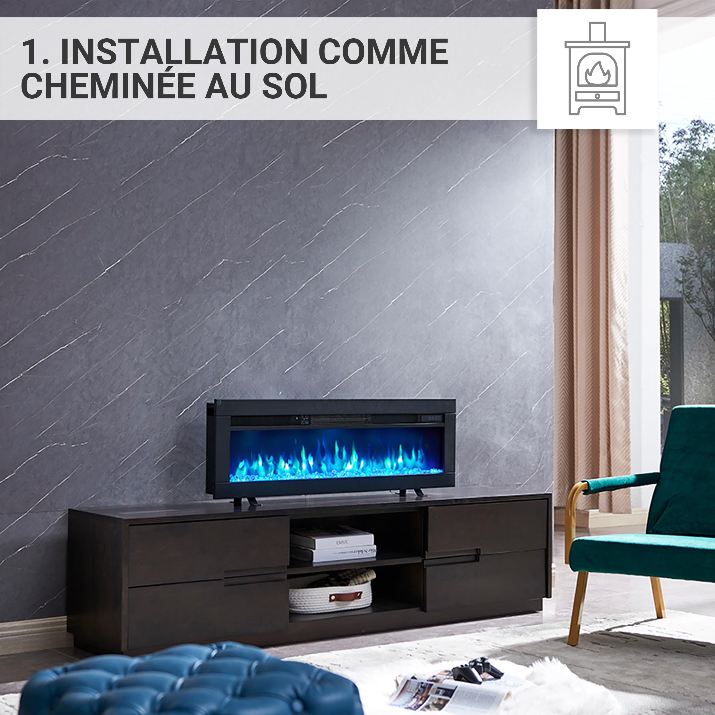 BALDERIA Agnes 40" Foyer Électrique - Foyer électrique encastré avec Chauffage 1000/2000 W, Effet de Flamme 3D réaliste, Télécommande programmable, Minuterie, Thermostat - Noir