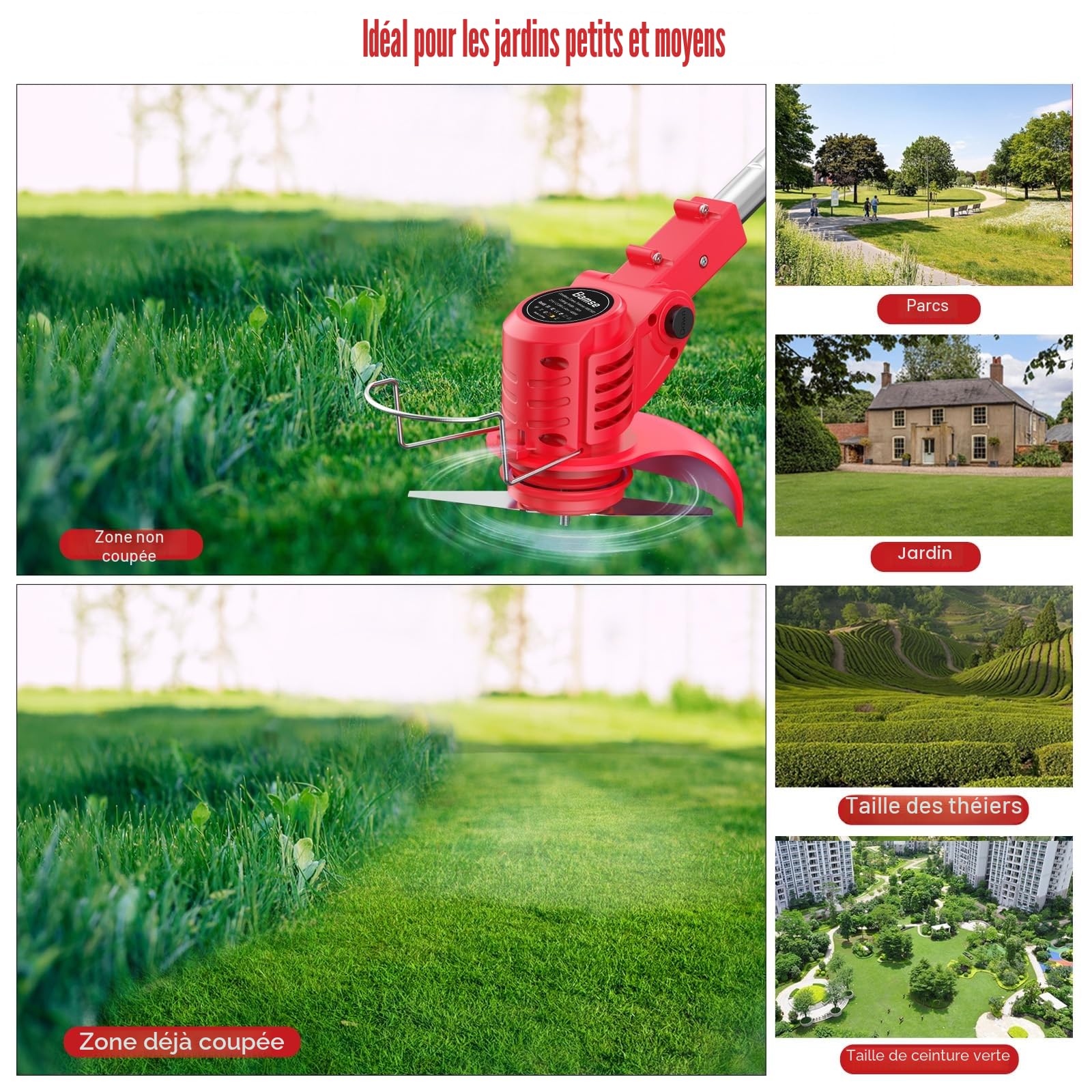 Debroussailleuse Electrique sans Fil, Bamse Coupe Bordure sans Fil avec 2 Batterie 21V 2000mAh et 2 Types de Metal Lames, Poignée réglable, Coupe Bordures pour la Coupe de Jardin et Pelouses,Rouge