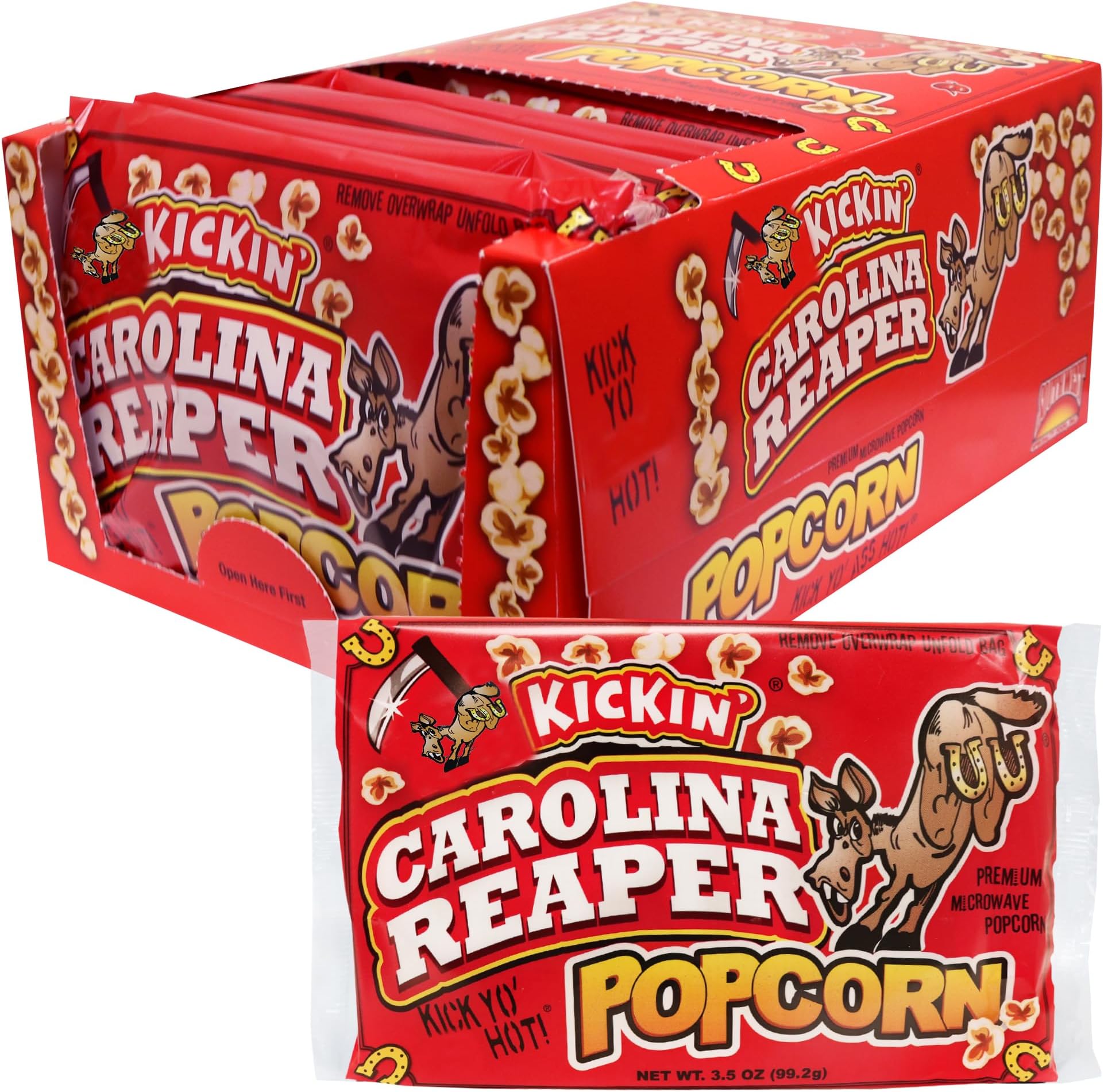 ASS KICKIN’ Carolina Reaper Pepper Microwave Popcorn – 12 Pack - Ultimate Spicy Gourmet Gift Popcorn - Makes a Great Movie Theater Popcorn or Snack Food - Try if you dare!