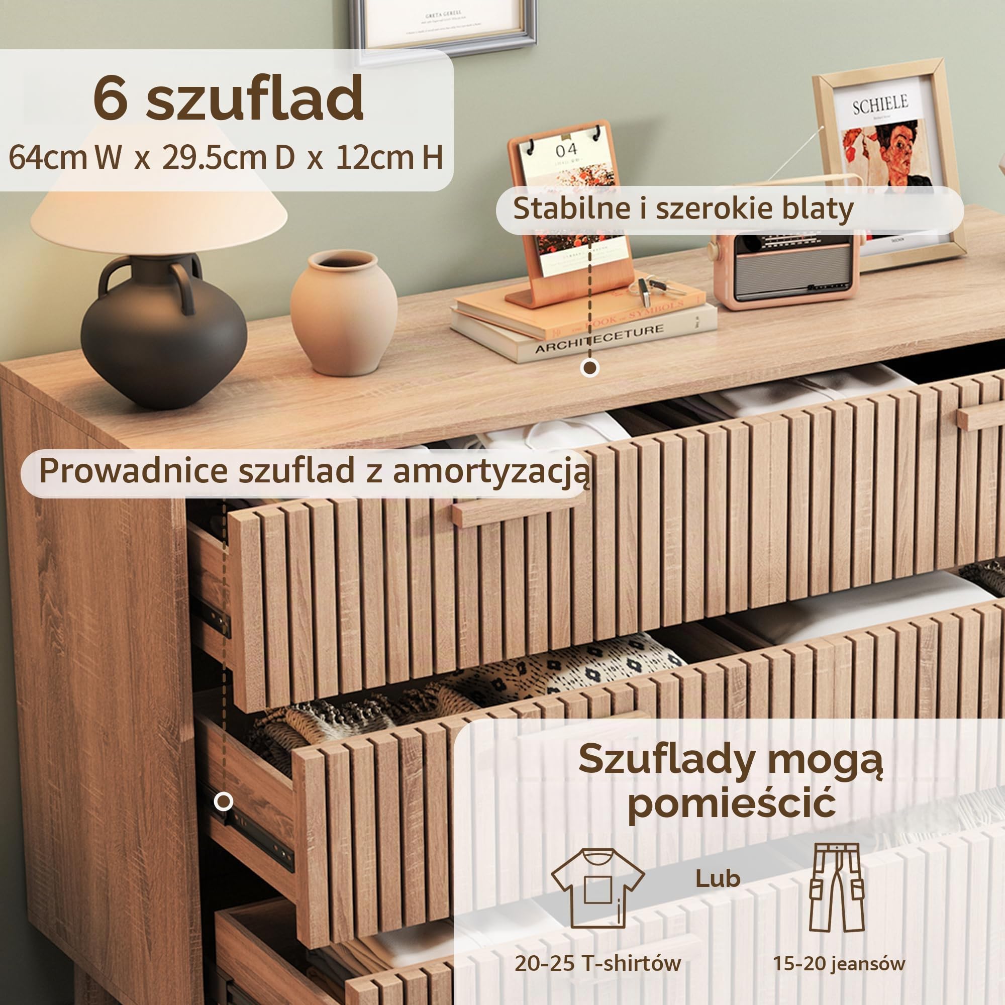 Komoda z 6 szufladami do sypialni, drewniana komoda ze zwężanymi nogami, styl boho, odpowiednia do sypialni i salonu (6 szuflad)