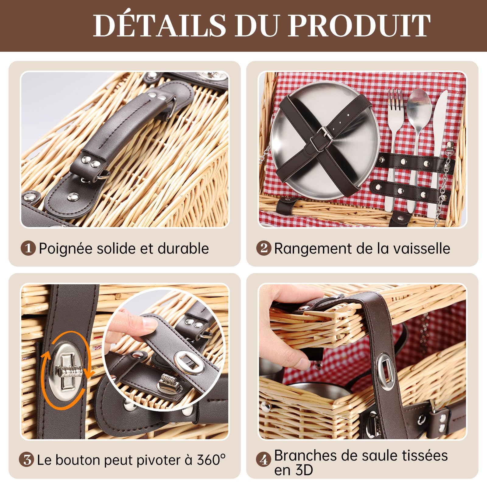 Panier de Pique-Nique pour 2 Personnes, Panier en Osier avec Couverture Imperméable et Service de Couverts (Osier Clair - Rouge)