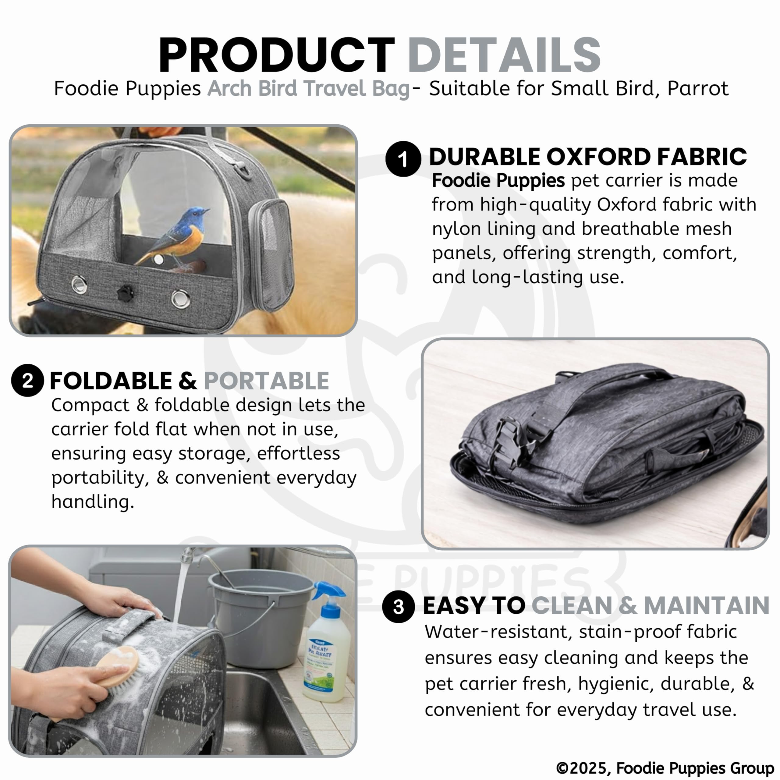 Foodie Puppies Bird Travel Carrier Bag with Wooden Perch and Tray - (Grey), (32x25x25cm) | Airline Approved, Ventilated and Transparent Window | Carrier Hand Bag for Hiking & Outdoor Adventures 1