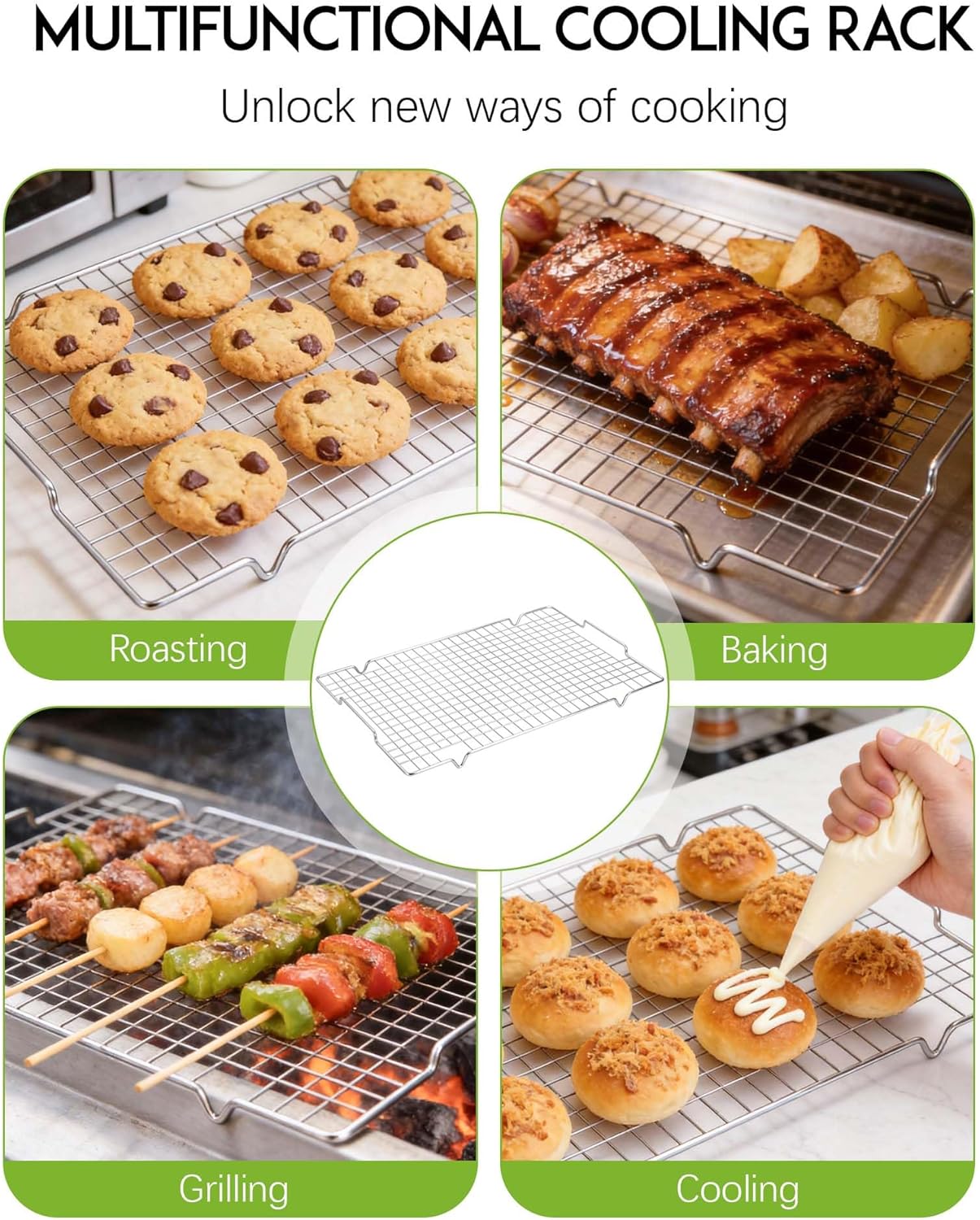 HULISEN 4 Pack 304 Stainless Steel Cooling Rack - 16" x 10" Baking Rack with Handle fits Half Sheet Pan, Wire Cookie Cooling Racks for Baking, Roasting, Grilling, Drying, Oven Safe, Dishwasher Safe