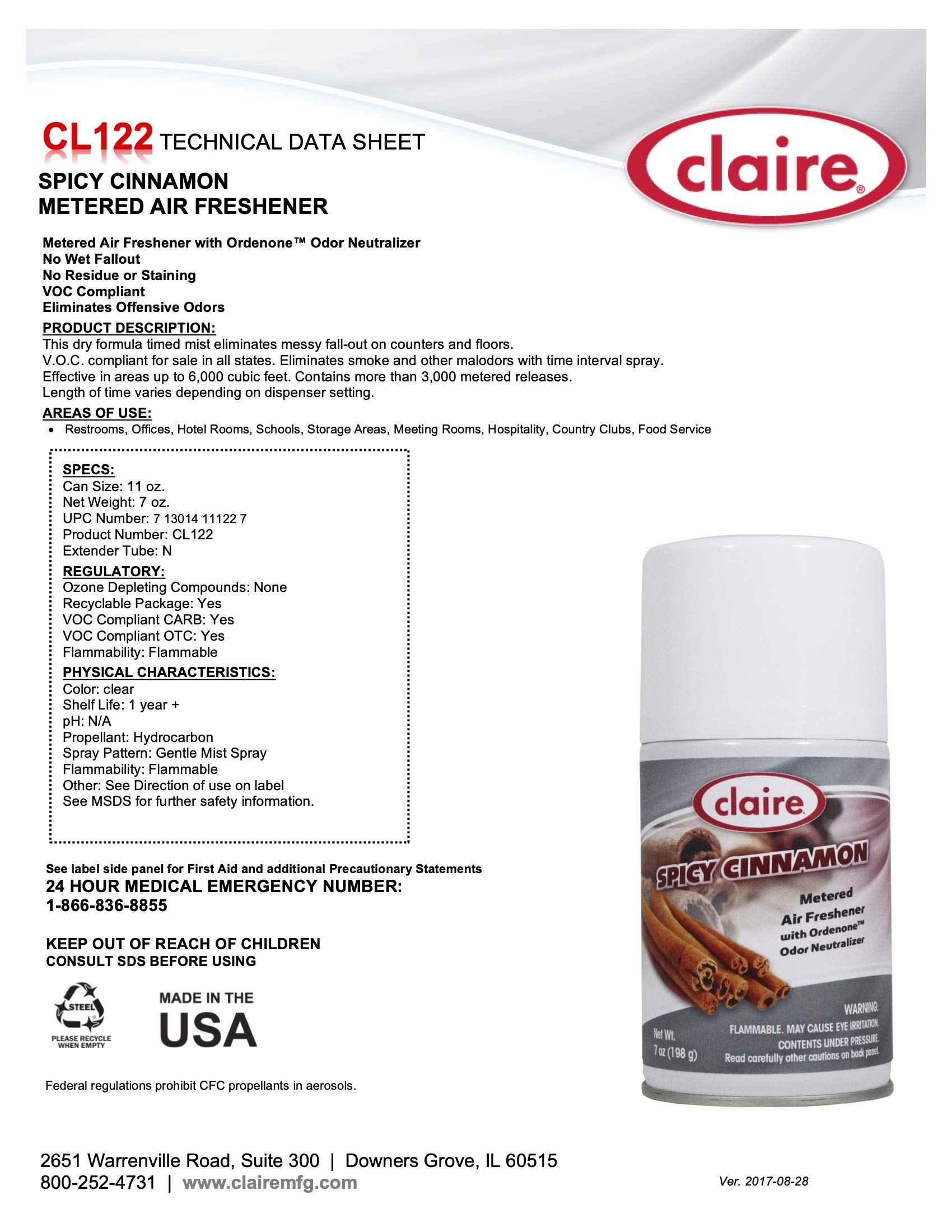 Claire Cl122-12pk Spicy Cinnamon Metered Air Freshener; 7 Ounce Net Wt., 12 Count