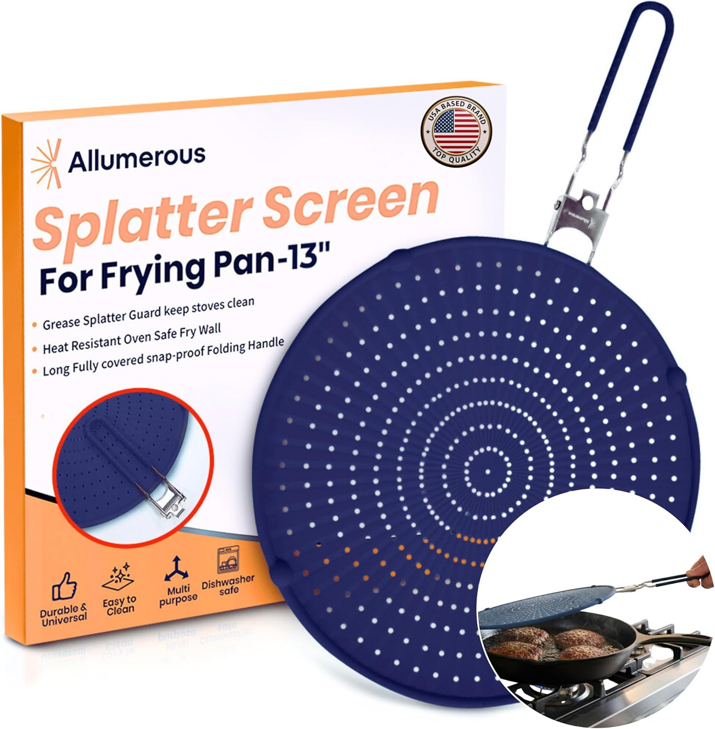 Silicone Splatter Screen for Frying Pan- Navy 13"- No More Oil Splatters- Foldable Handle w/Sleeves, Heat-Resistant, Dishwasher-Safe - Versatile Tool Fits 10"-12″ Pans (Most 13″ Skillets Compatible)