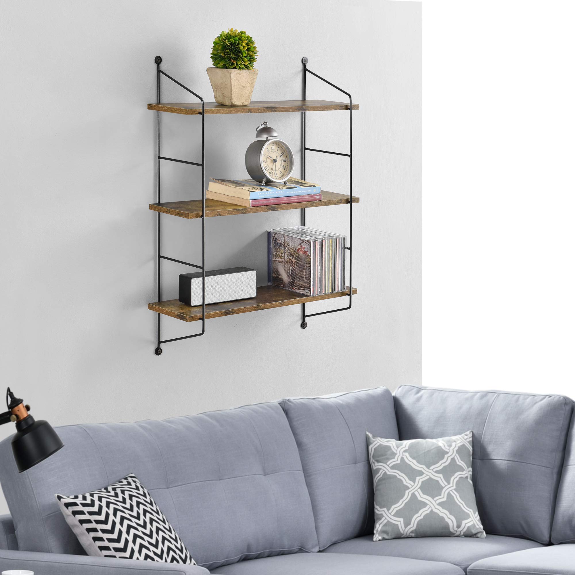 [en.casa] Scaffale da Parete a 3 Ripiani Scaffale da Muro Libreria Pensile con Ripiani Regolabili in Altezza 48 x 15 x 63.5 cm - Effetto Legno Scuro/Nero