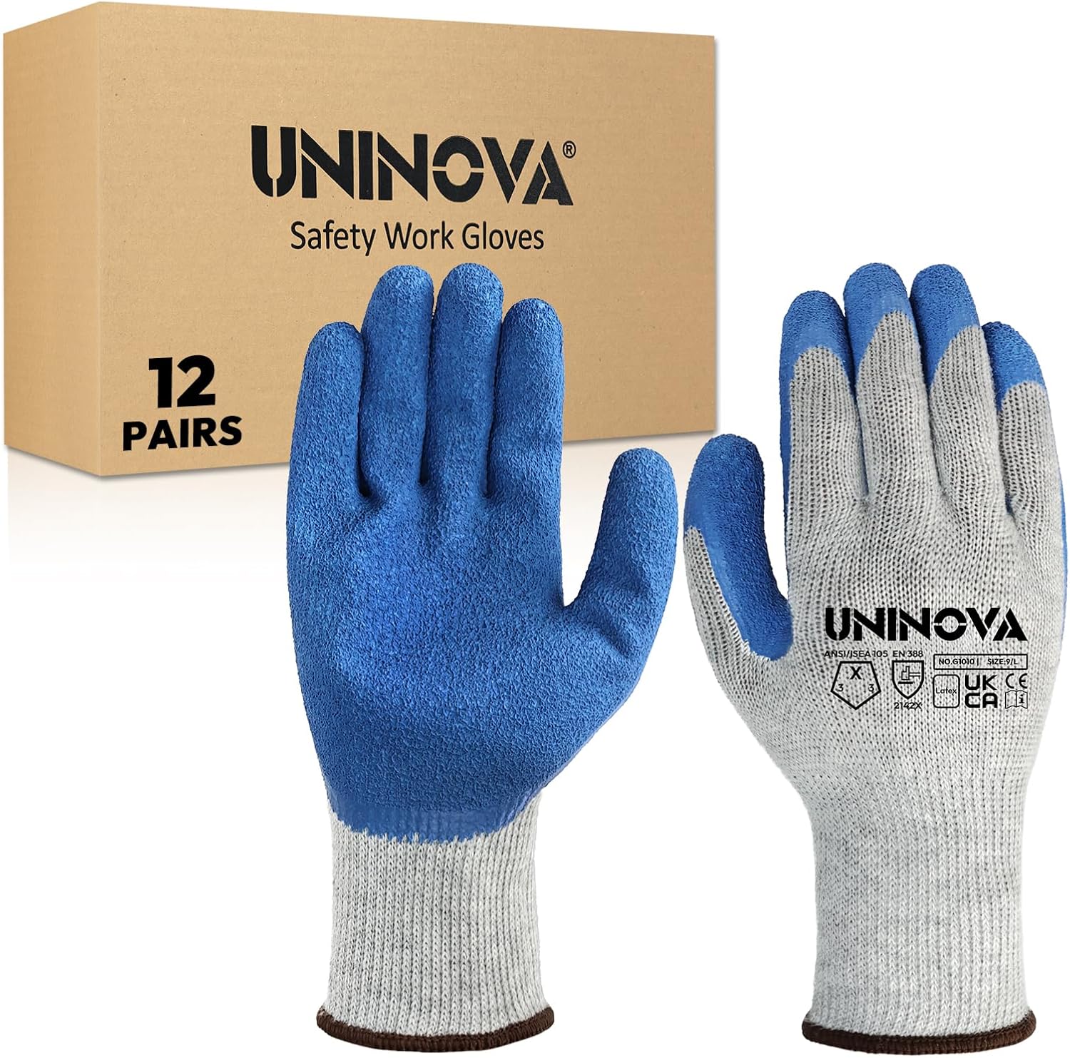 UNINOVA Work Gloves, Crinkle Rubber Latex Palm Coating, Safety Work Gloves with Grip, Non-slip Bulk for Men Women, Construction Warehouse General Handling(Medium,12Pairs)