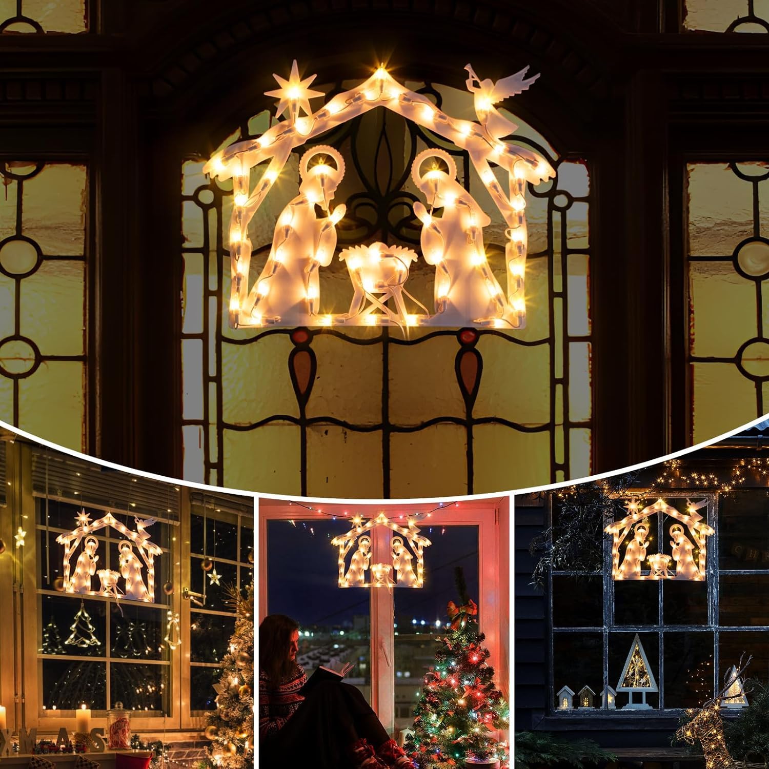 GlobaLink Luces Nacimientos de Navidad con 50LEDS, 8 Modos Impermeables iP44 Función de Memoria Nacimientos Navidad Decorativas para Interior y Exterior, Ventana, Pared, Escaparate, Blanco Cálido