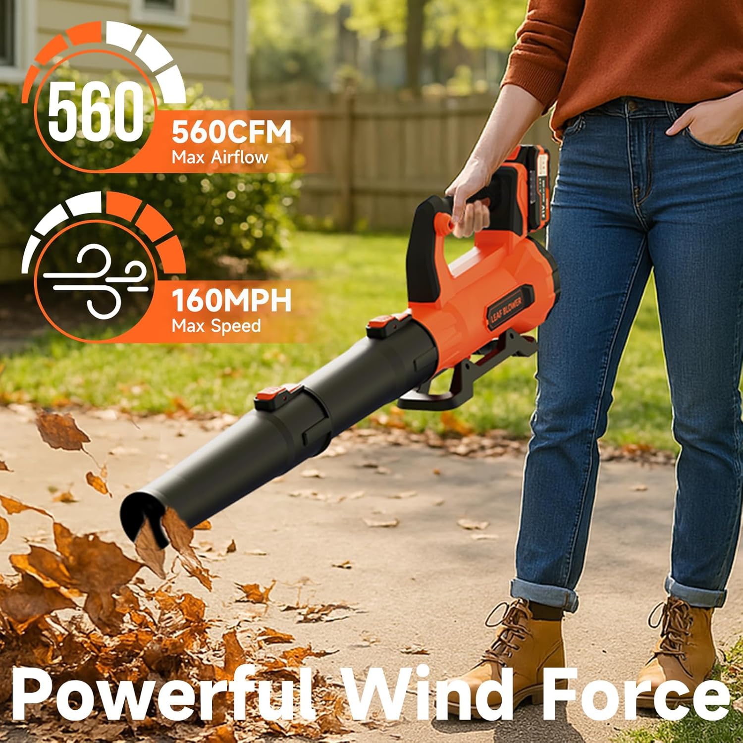 Leaf Blower Cordless with 2× 5.0Ah Batteries and Charger, 21V Electric, Lightweight Battery Powered Blowers for Lawn Care, Yard, Patio Cleaning, Blowing Leaves & Dust, Organe - Image 2