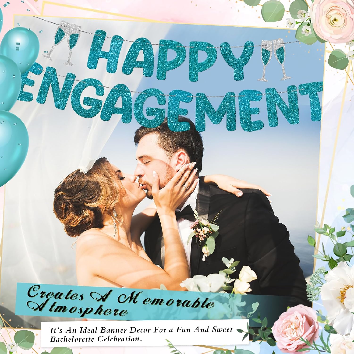 Breling Pre Strung Happy Engagement Banner Glitter Engagement Party Decorations for Congratulations Engaged Wedding Shower Signs Decor(Teal)