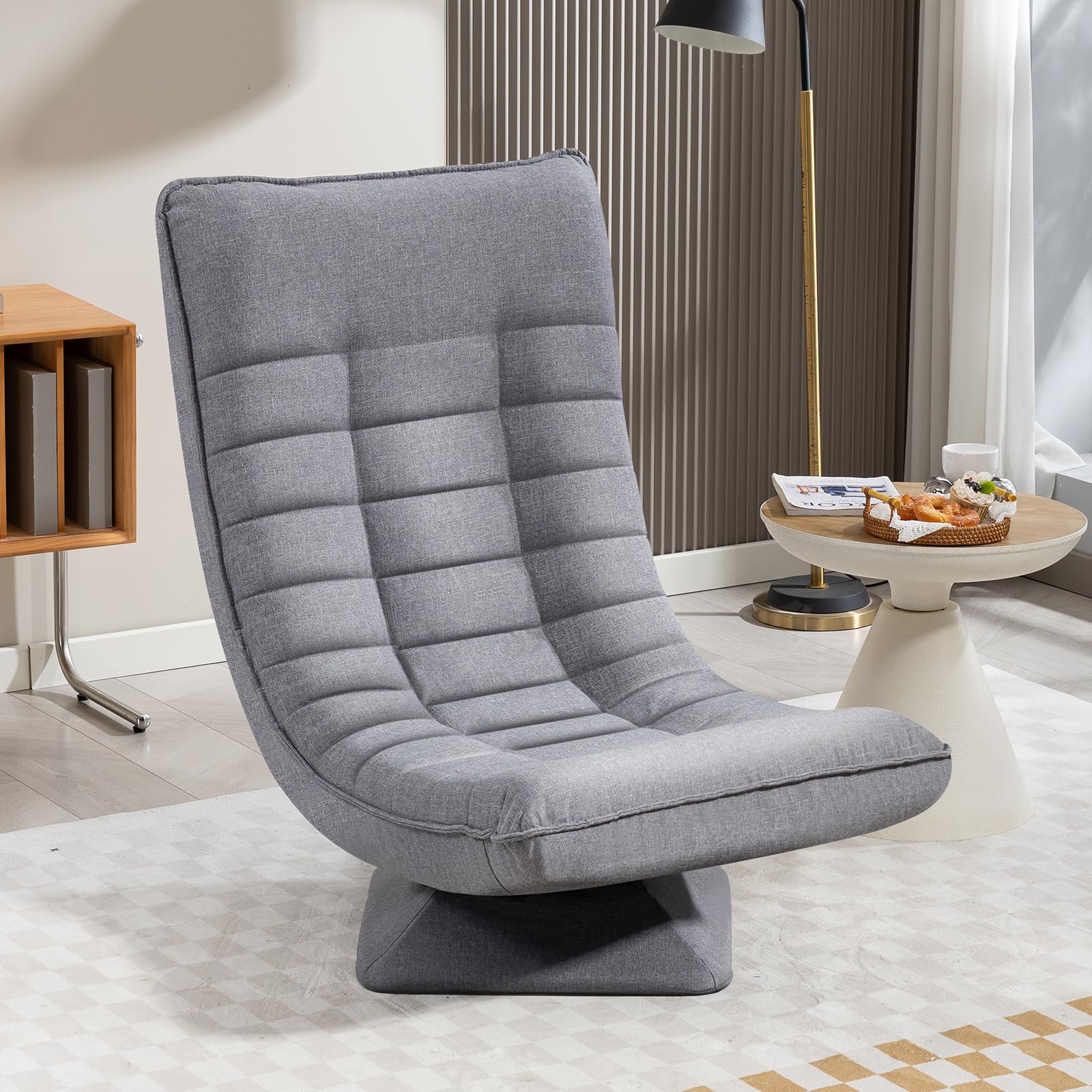 Bodenstuhl verstellbare Rückenlehne, 360° Drehbar Klappbar 150kg Gepolstert, Gaming Sessel Wohnzimmer Relaxsessel, Atmungsaktive Leinen Fernsehsessel, Lesesessel, Bodensessel, Grau