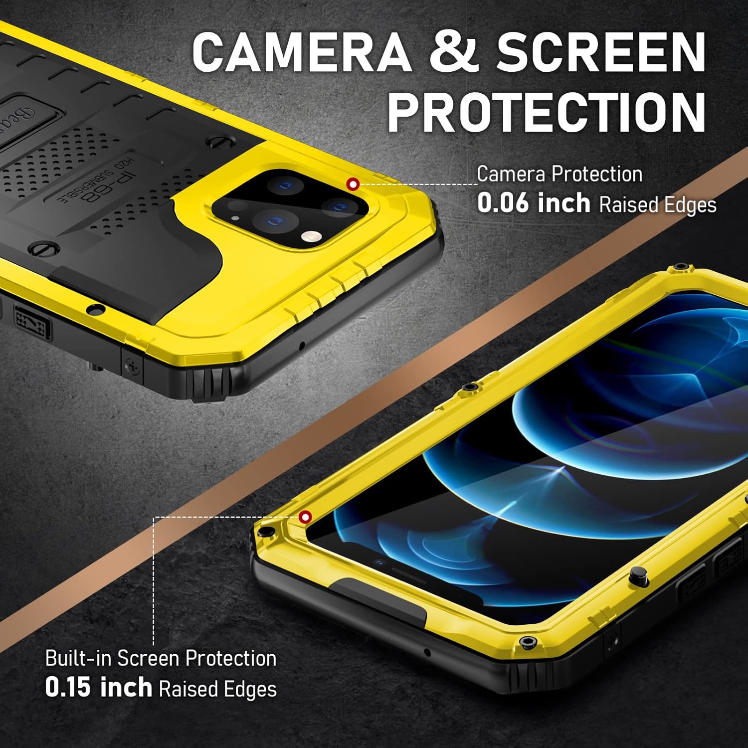 Beasyjoy Case for iPhone 12 Pro Max Waterproof, Metal Heavy Duty Case with Built in Screen Protector, Military Grade Full Body Protective Defender Rugged Phone Case 6.7 Inch(Yellow) - Image 6
