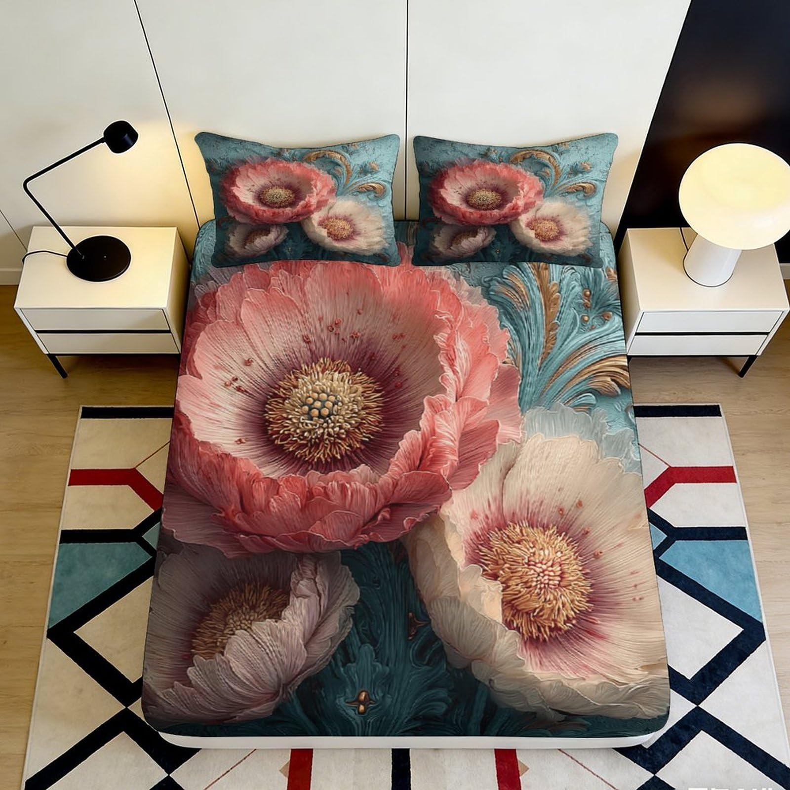 3D Printed Floral Bloom Fitted Sheet Microfiber Soft Bedroom Decor Artistic Poppy Mattress Cover for Home Dorm 90x200x25cm