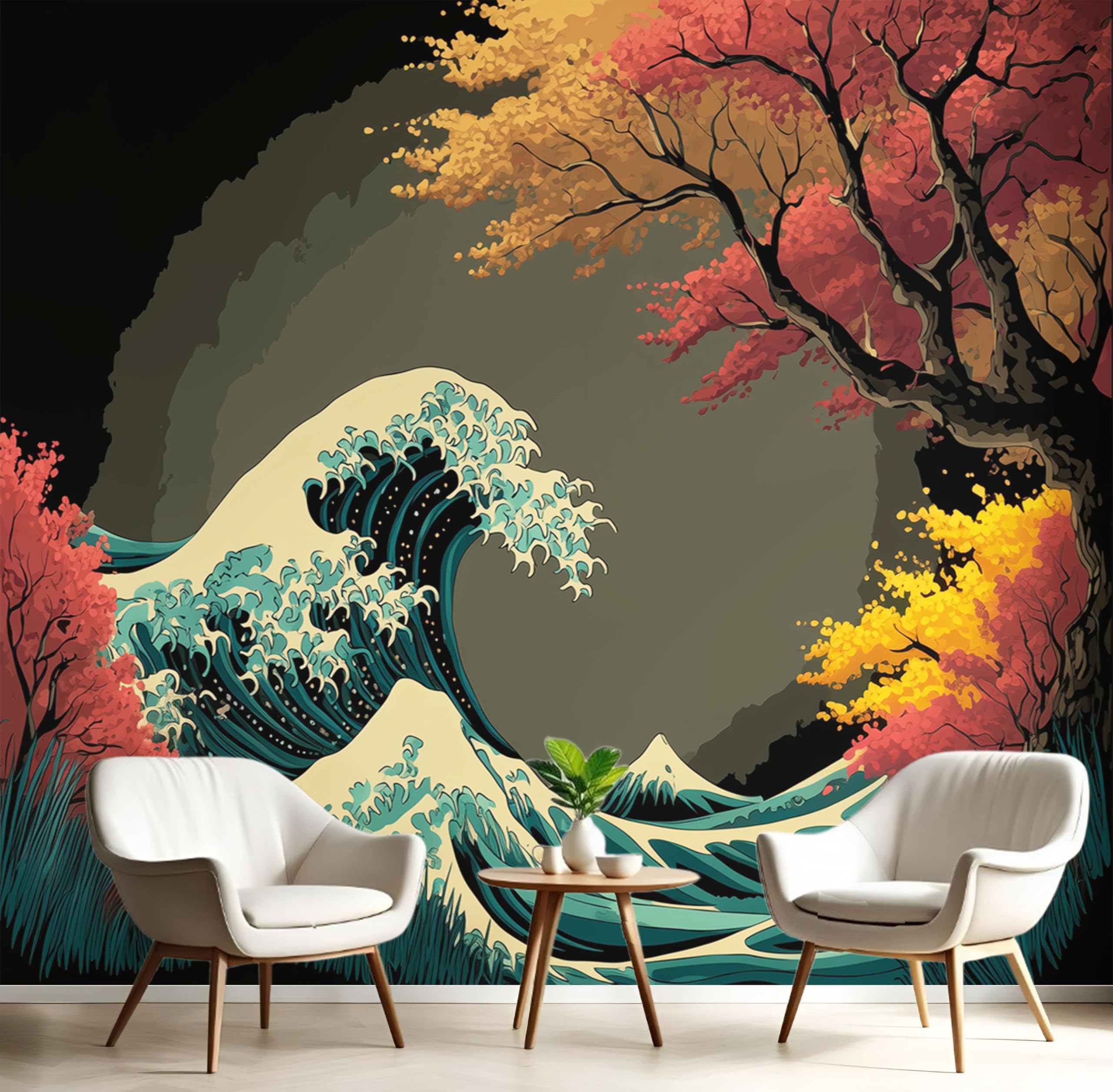 Papier peint panoramique Vague de Kanagawa fleur de cerisier 3D