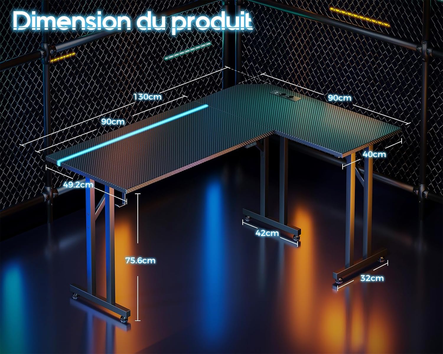 Diagram showing the dimensions of the ODK L-Shaped Gaming Desk