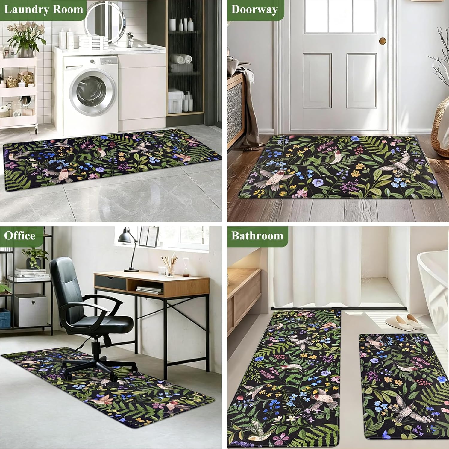 Yinhua Black Kitchen Mats for Floor Sets of 2, Floral Anti Fatigue Mats for Kitchen Floor Rug Cushioned, Farmhouse Kitchen Rugs Non Slip, Bird Waterproof Mat for Laundry Office, 17.3"×30"+17.3"×47"