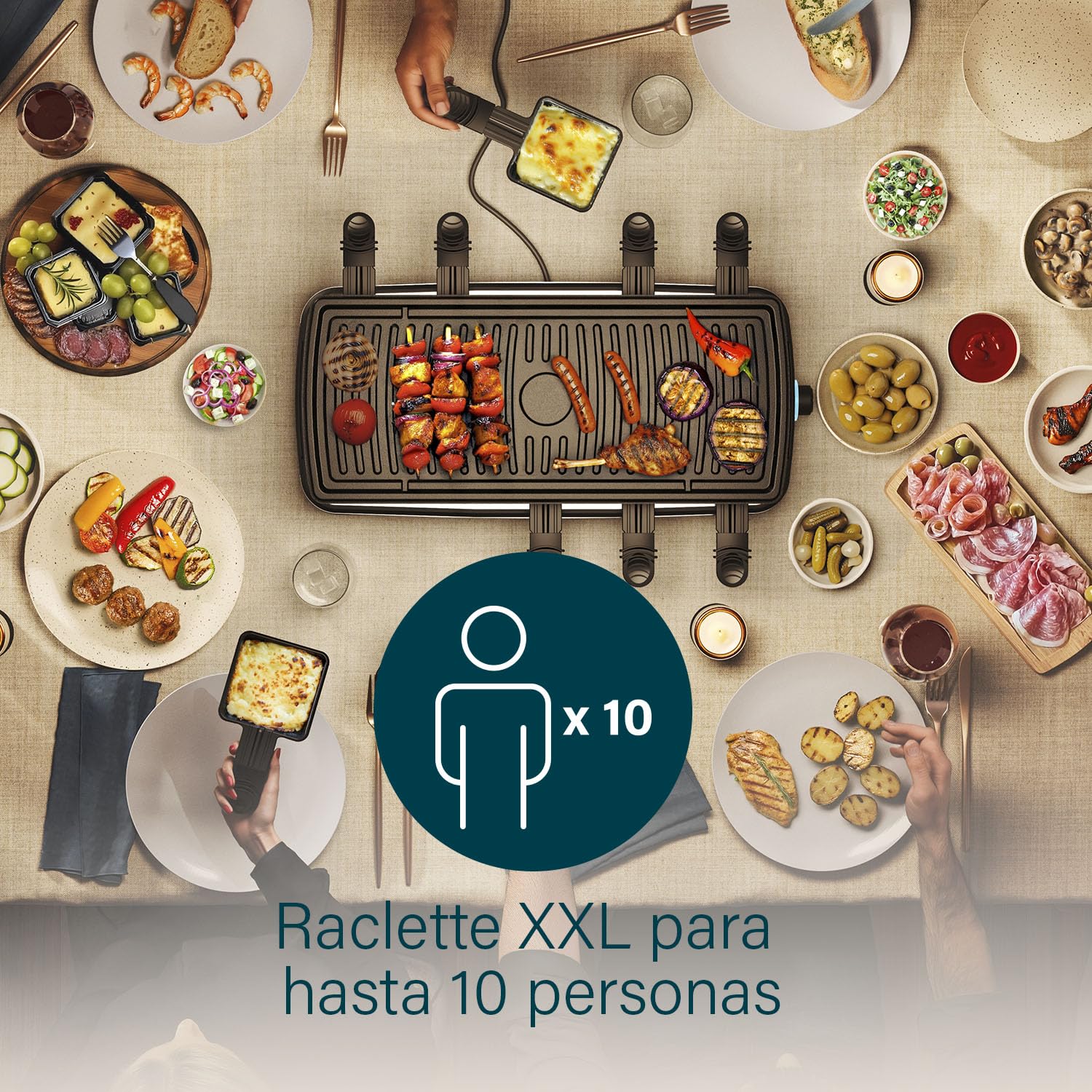 Princess 162650 Raclette multifuncional XXL, parrilla y raclette, termostato regulable, superficie de 49 x 21 cm, revestimiento antiadherente, temperatura de 220 °C, Para 10 comensales, 1500 W