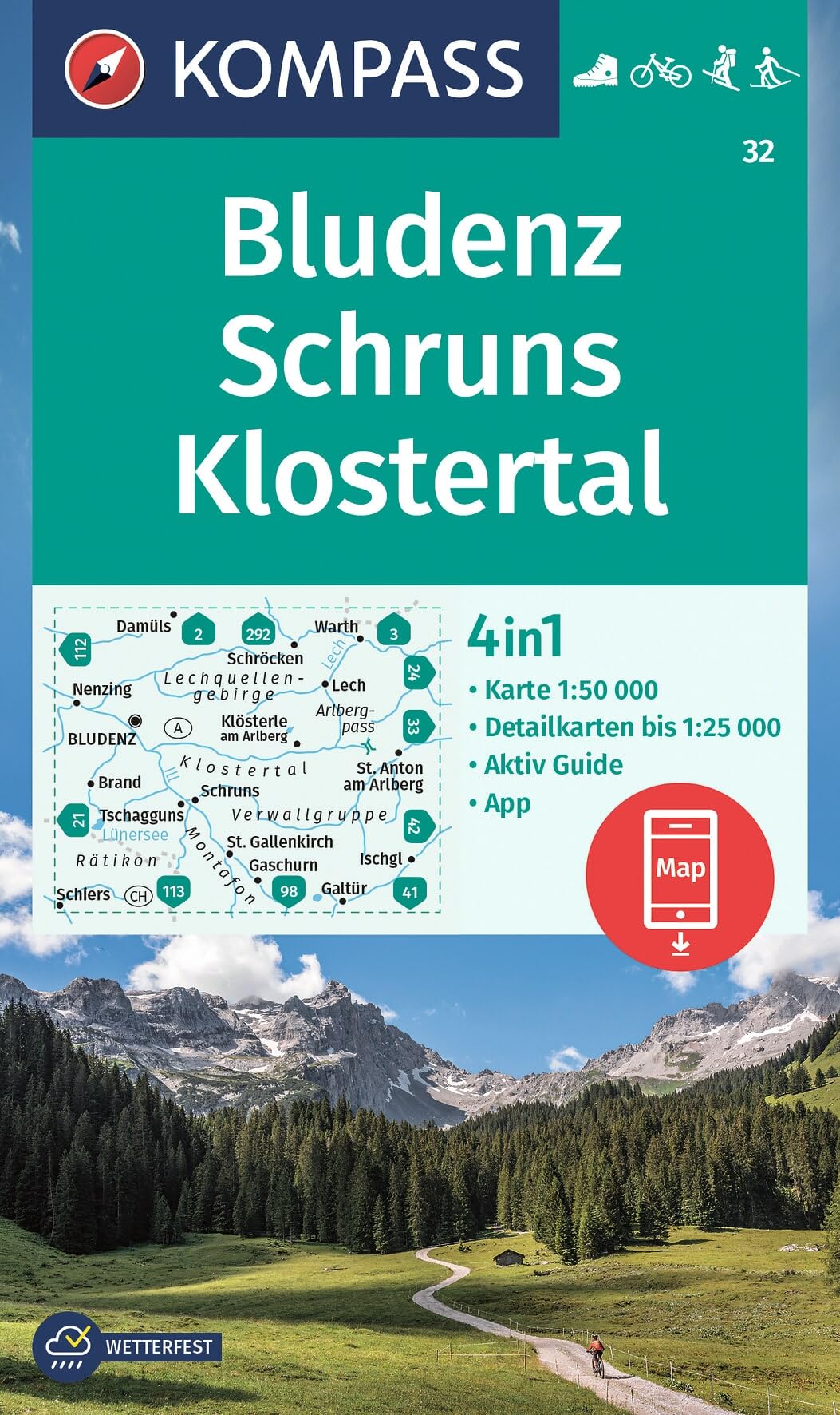 Bludenz / Schruns / Klostertal + Aktiv Guide (32): 4in1 Wanderkarte, mit Aktiv Guide und Detailkarten inklusive Karte zur offline Verwendung in der KOMPASS-App. Fahrradfahren. Skitouren. Langlaufen.