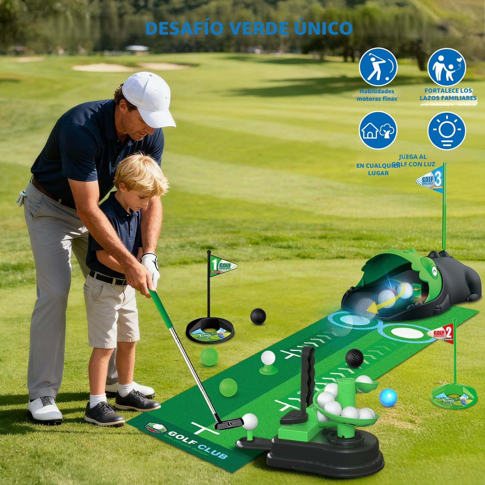 TERRAMUS Juego de Golf Infantil Mejorado, 3 en 1 con Lanzador automático de Pelotas de Dinosaurio y Pelotas con luz LED, minigolf para niños de 3 a 8 años