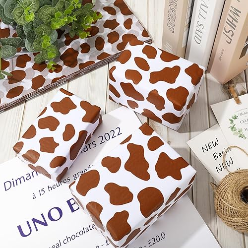 Miniatura 3 de Whaline 100 piezas de papel de seda con estampado de vaca, papel de regalo de vaca marrón, papel de embalaje de regalo de vaca, papel de embalaje