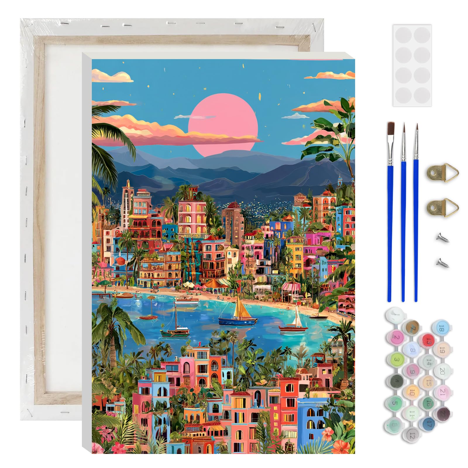 AIRDEA Coastal Cityscape Paint by Numbers for Adults, Sunset Painting by Numbers for Adults, DIY Acrylic Pigment Drawing Paintwork Arts and Crafts Painting Kit for Home Decor 8x12 inch (Framed)