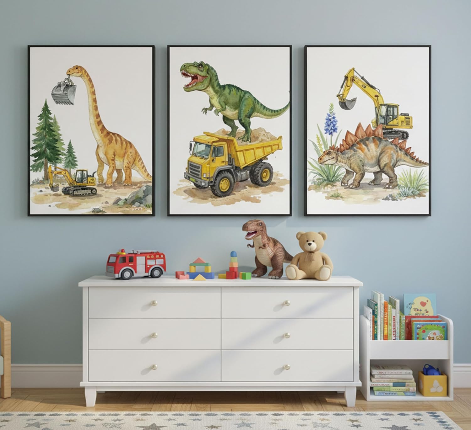3Pcs Nursery Cute Dinosaur Canvas Wall Art Construction Trucks and T-Rex Painting Picture Kids Boys Room Wall Decor Funny Dino Vehicles Poster Prints Artwork for Playroom Toddler Room Bedroom Unframed