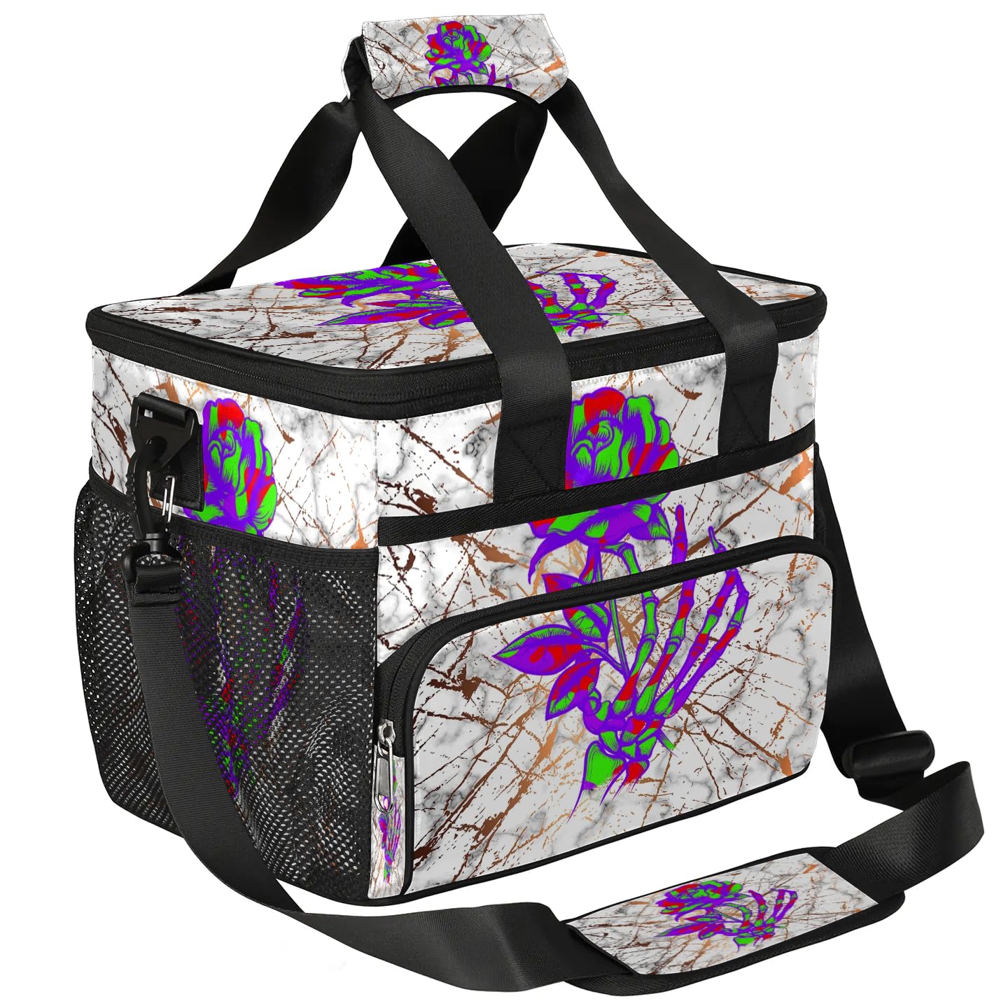 Grand sac à déjeuner isotherme en marbre pour adultes, hommes, femmes, enfants, filles, garçons, motif tête de mort, roses, marbre, sac isotherme pour le travail, le pique-nique, le barbecue