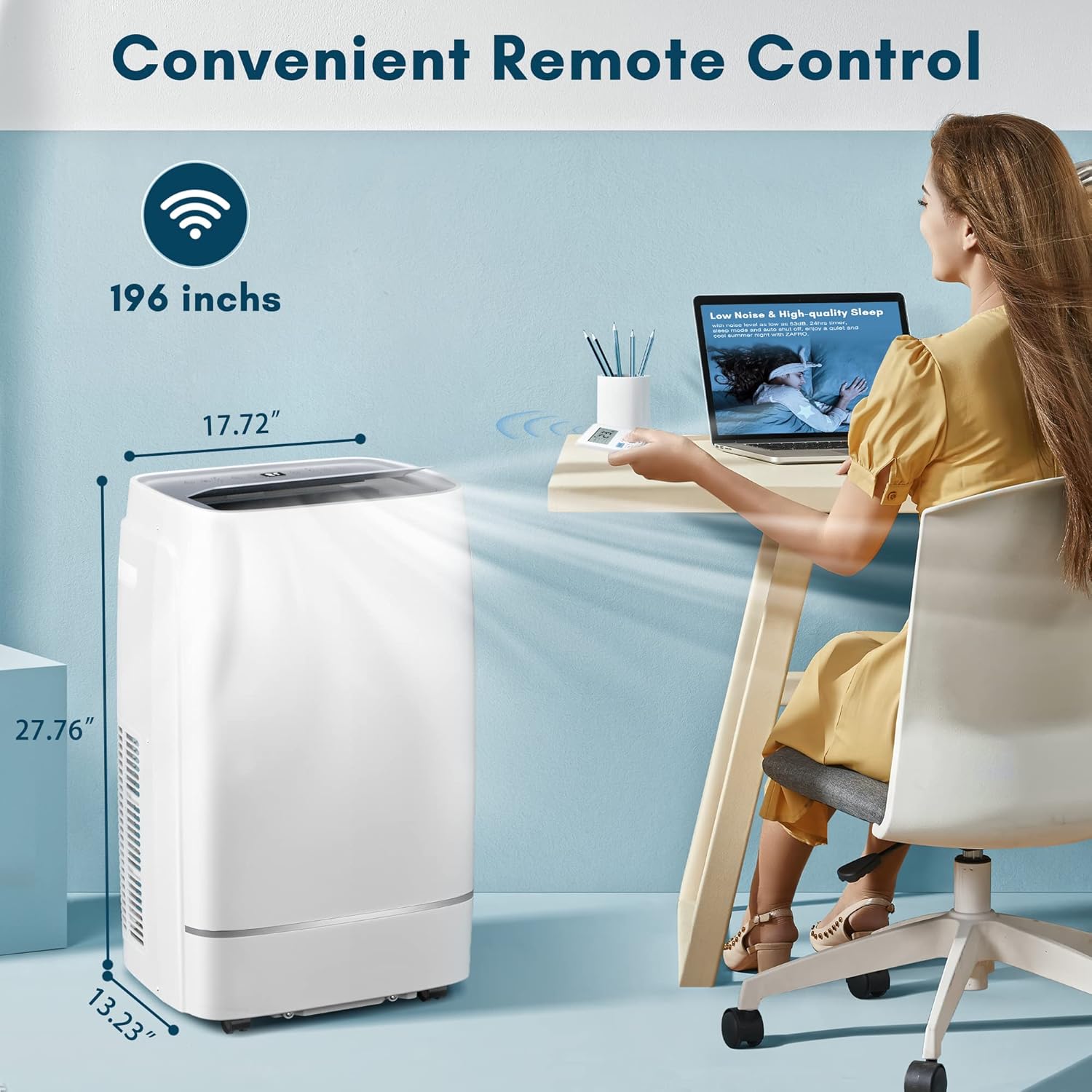 Diagram showing the dimensions of the ZAFRO Portable Air Conditioner and the remote control range.