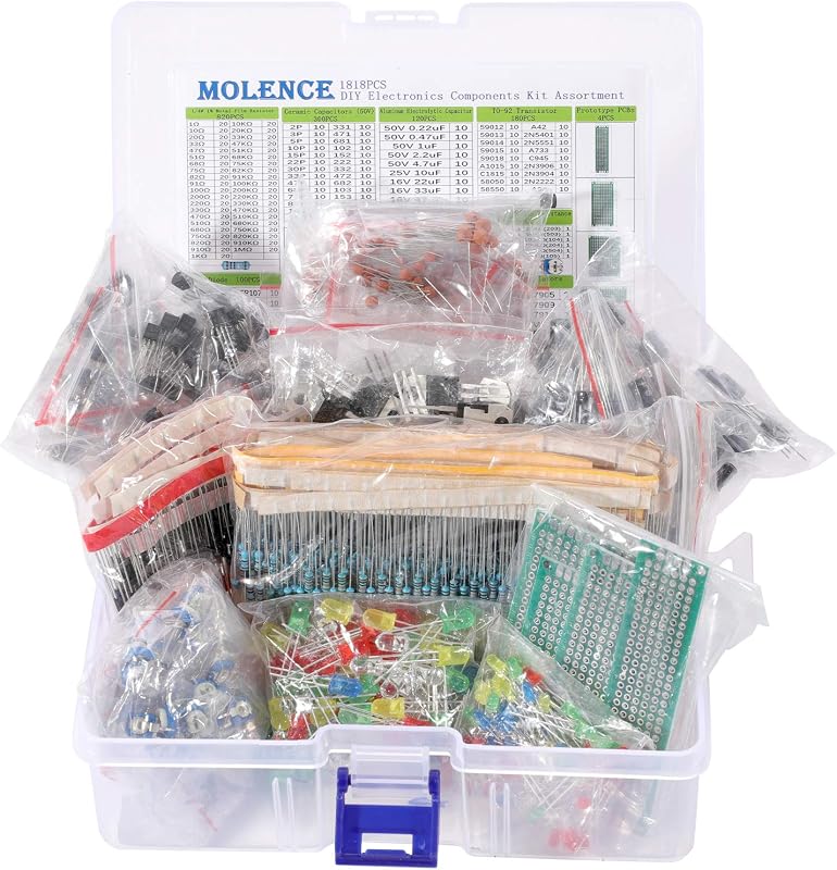 Surtido de kit de componentes electrónicos DIY de 1818 piezas para Arduino | Resistencias, LED, Triodo, Condensadores, Diodos, PCB, Potenciómetro, Resistencia Variable, Estabilivoltio, para Raspberry Pi
