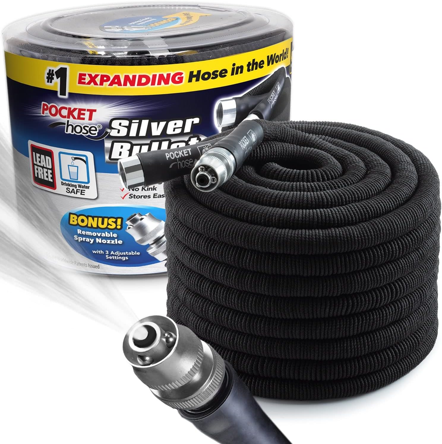 Pocket Hose 100 FT Silver Bullet Expandable Garden Hose, Turbo Shot Nozzle, Multiple Spray Patterns, 3/4 in Solid Aluminum Fittings, Lightweight and No-Kink