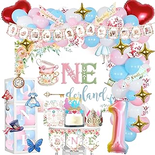 138 PCs Alice in Wonderland 1st Birthday Party Decorations, Hombae Alice in Onederland First Backdrop Balloon Garland Arrow Sign Monthly Photo Highchair Banner Box Cutout Cake Topper Crown Poster