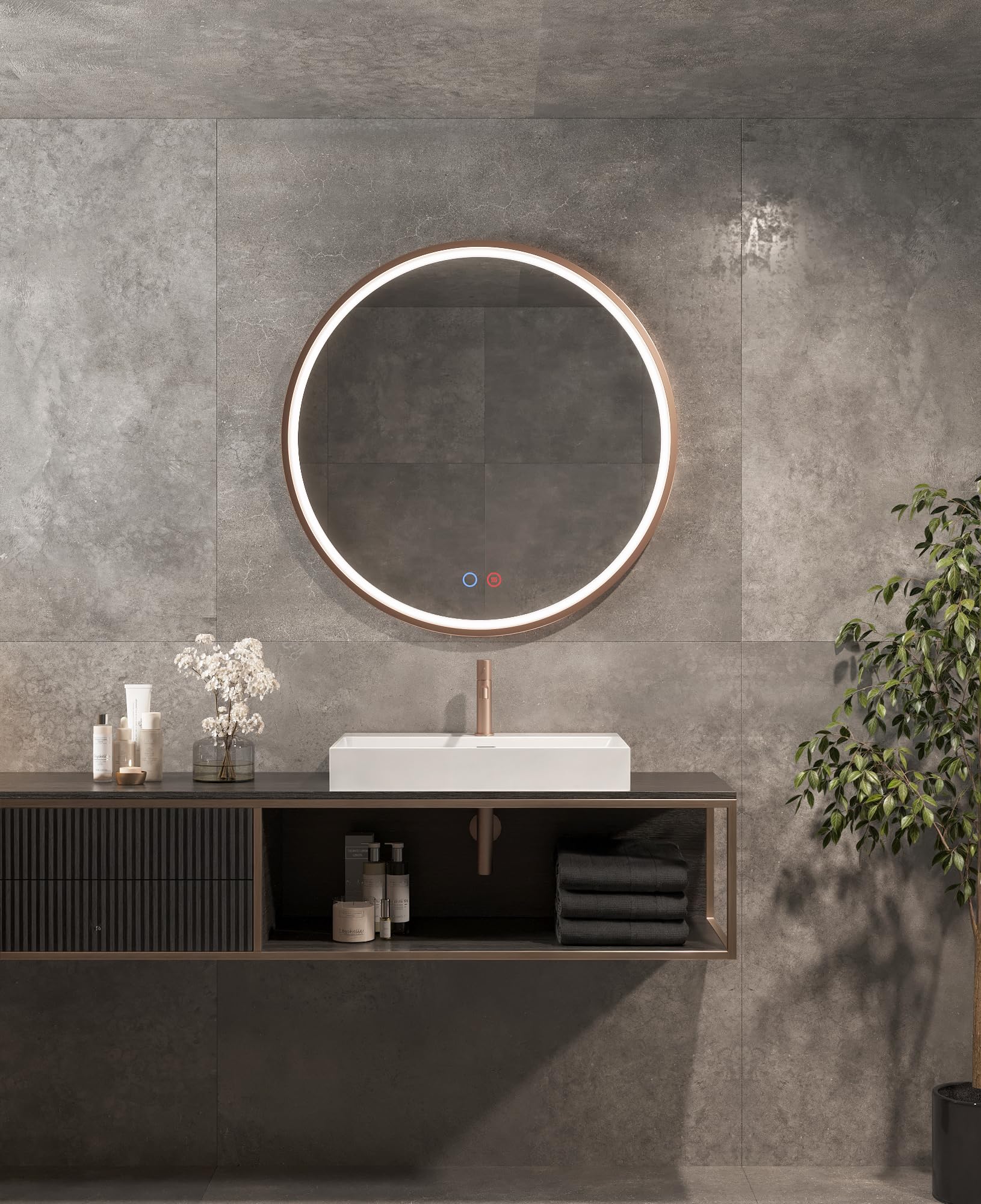 Mice Specchio con luce LED per bagno, camera da letto, spogliatoio - Specchio rotondo, luce frontale triled (luce calda, neutra e fredda) con doppio sensore antovaho e on/off, Ø 70 cm cornice oro