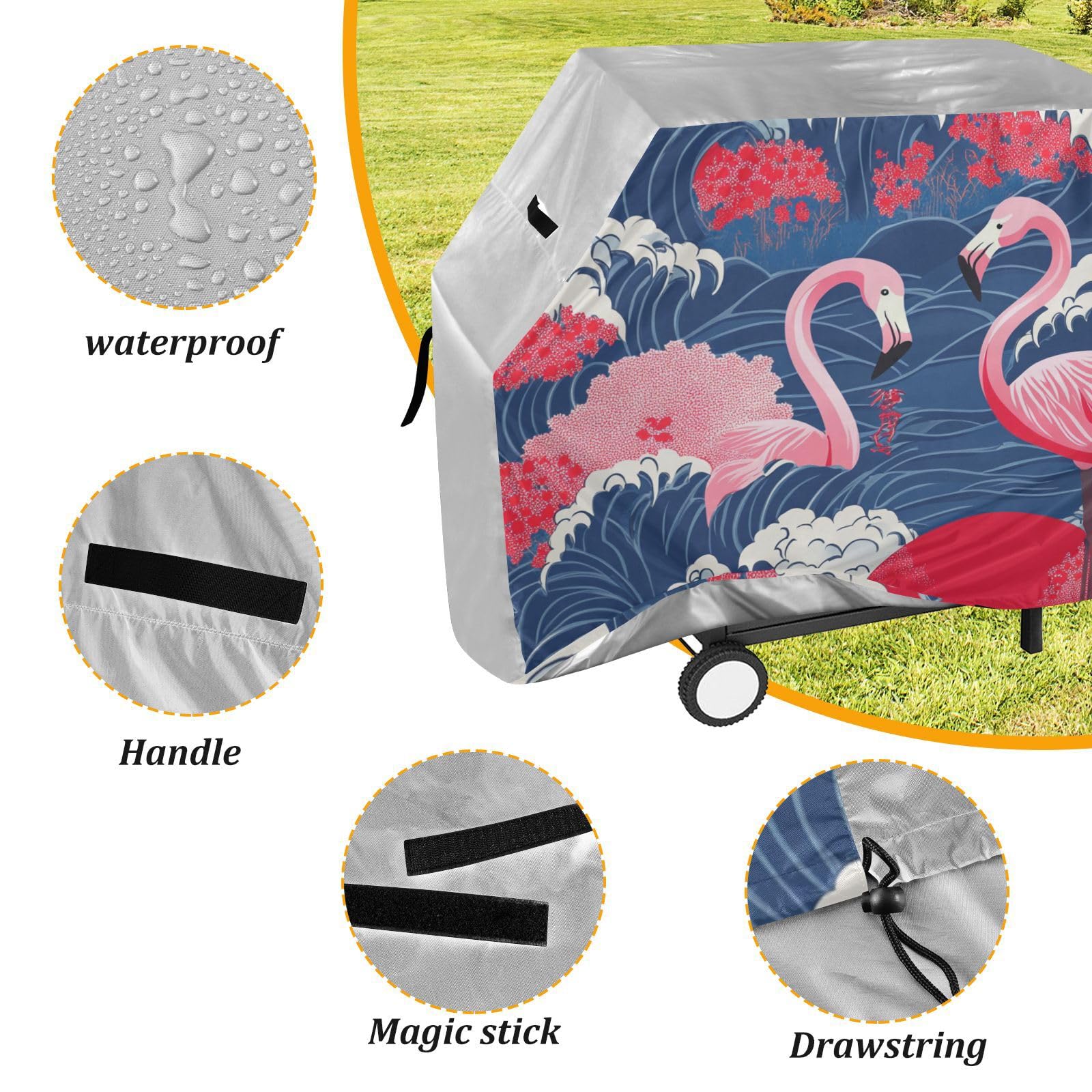 Flamingo pokrowiec na grilla na patio w stylu japońskim, 150 cm, wodoodporny, wytrzymały, odporny na rozdarcie, odporny na blaknięcie materiał, pokrowiec na grilla z regulowanym sznurkiem chroniący