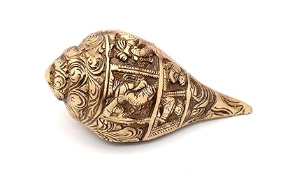Two Moustaches Ganesha Carving Brass Shankh Showpiece, Attractive Brass Conch for Temple/Home, Shankh for Pooja, Mandir Decorations Items, Standard, Pack of 1