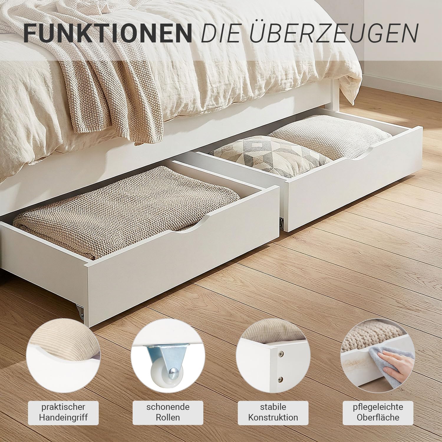 Homestyle4u Holzbett 160x200 cm Weiß mit 2 Bettkästen