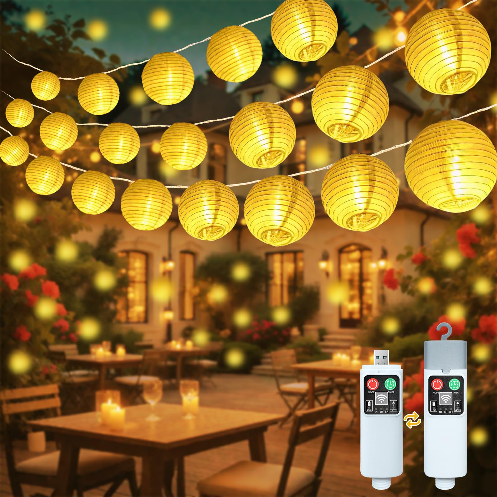 YIFMOO Lampions Lichterkette Batterie, 6M 20LED Lampions Außen Wetterfest mit 8 Modi & Timer, Laterne Lichterkette IP65 Wasserdicht, Led Lichterkette Außen für Innen Balkon Hochzei Garten Deko