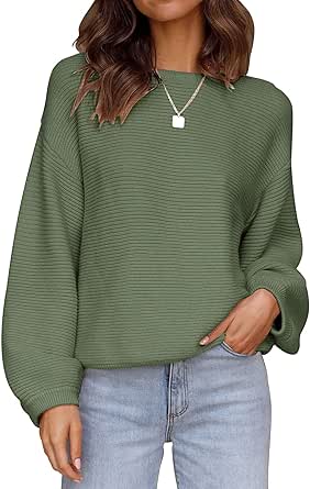 ZESICA Women's 2023 Crew Neck Long Lantern Sleeve Casual Loose Ribbed Knit Solid Soft Pullover Sweater Tops