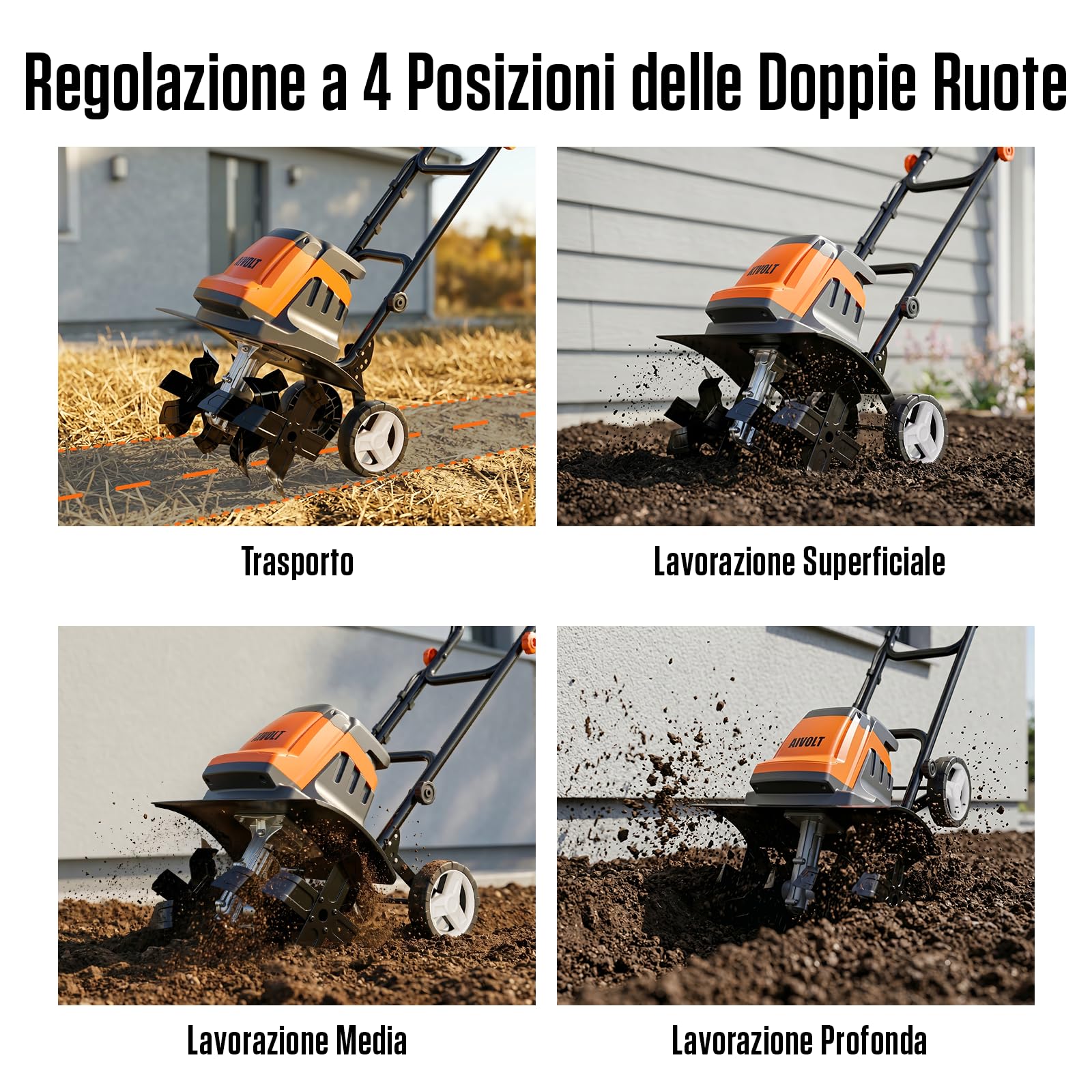 AIVOLT Motozappa Elettrica 1800W con 24 Denti in Acciaio, Zappatrice Pieghevole 380 giri/min, Larghezza 48cm, Profondità 22cm, Motozappa con Cavo per Giardino, Frutteto, Coltivazione e Semina
