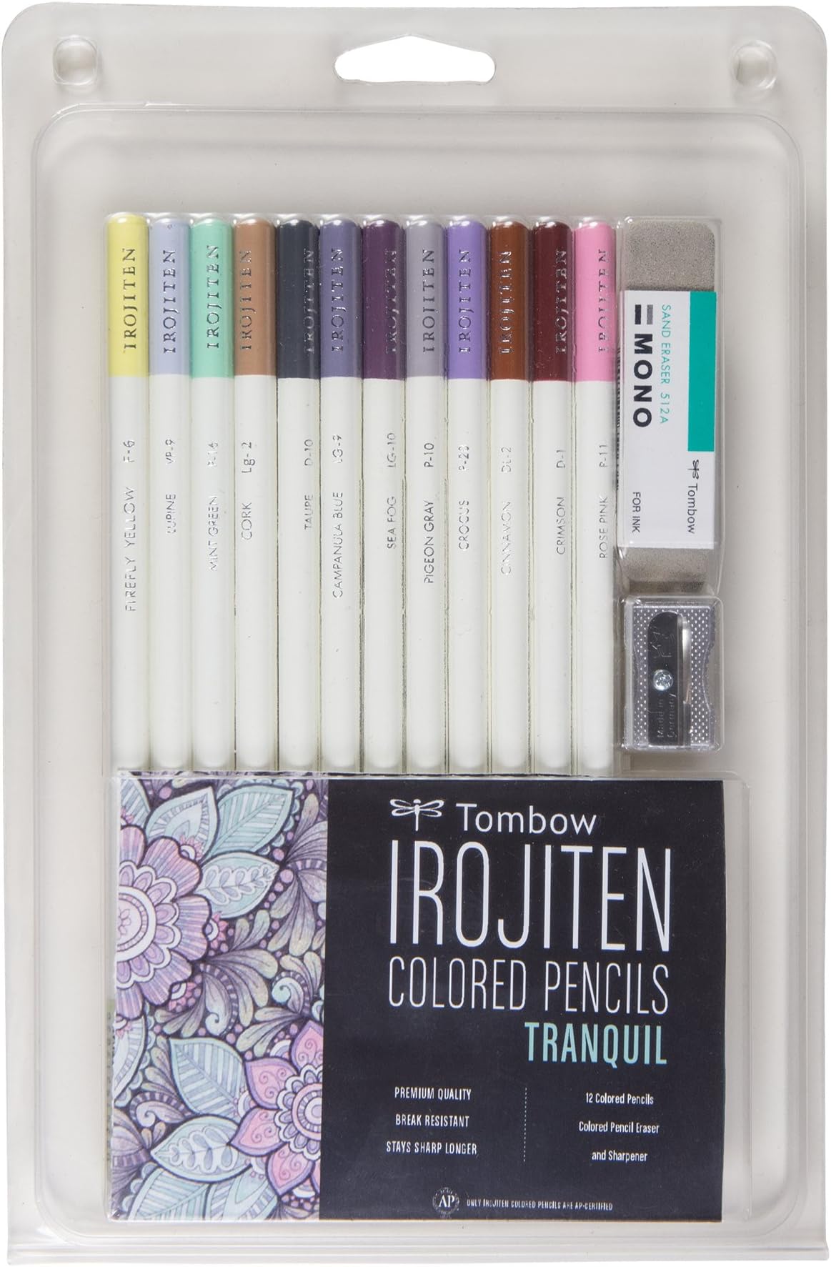 Tombow 51529 Irojiten Colored Pencil Set, Tranquil. Includes 12 Premium Colored Pencils, Sharpener, Colored Pencil Eraser