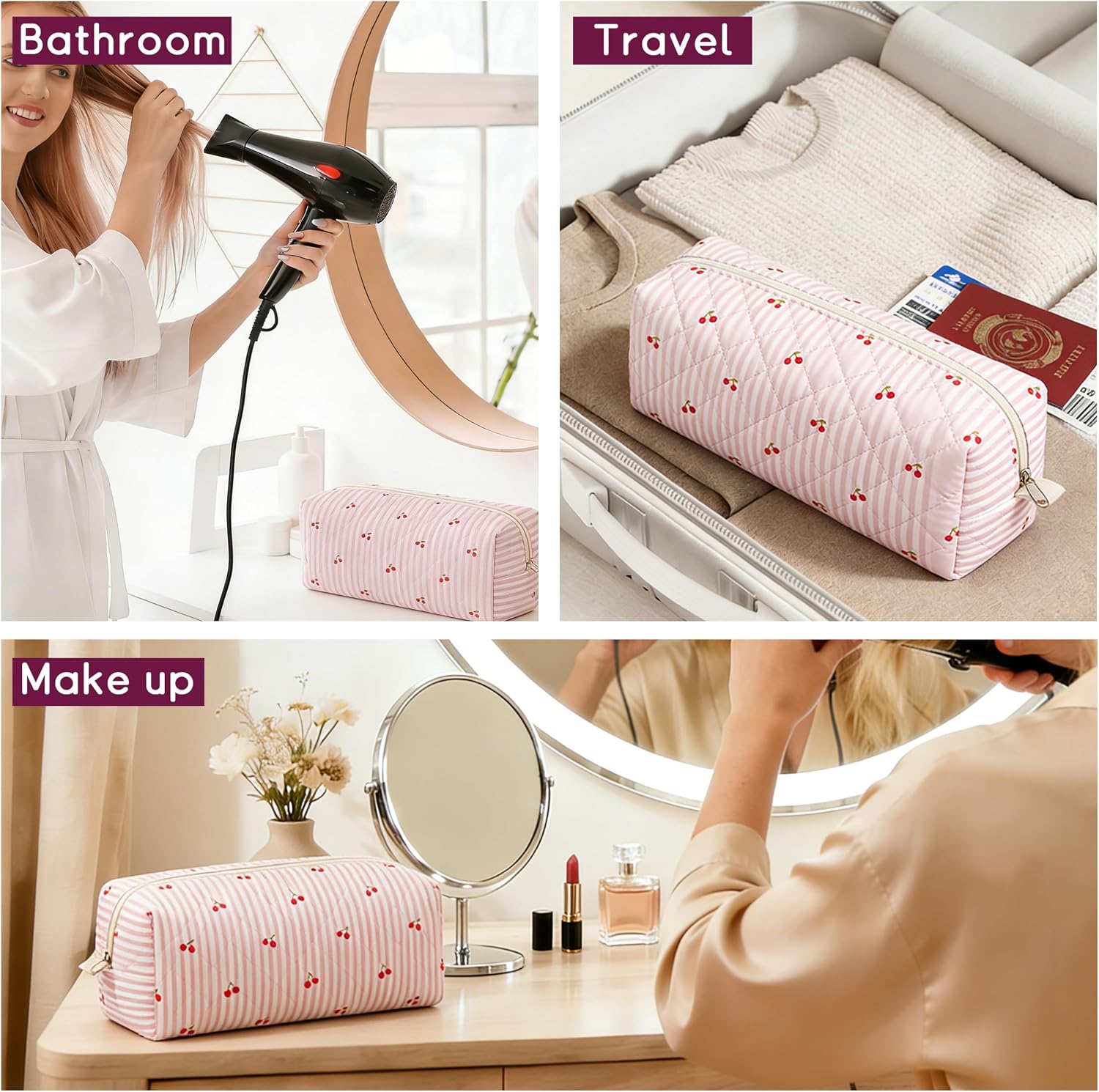 GISMTR Quilted Hair Tool Travel Bag, Portable Carrying Case for Hair Styling Tools, Large Capacity Storage Organizer for Hair Dryer, Curling Iron, and Accessories, Ideal for Travel and Gift