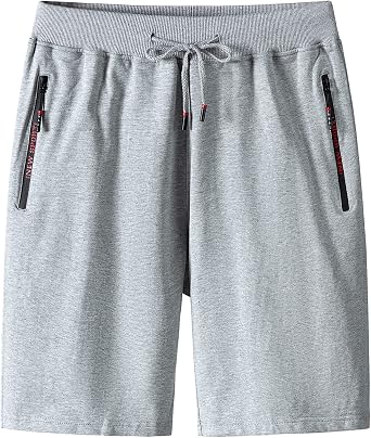 Mens Summer Jogger Shorts Casual Running Half Pants Elastic Waist Outdoor Multi-Pocket Cotton Shorts Lightweight Sports Trousers with Zip Pockets, Light Grey, Small
