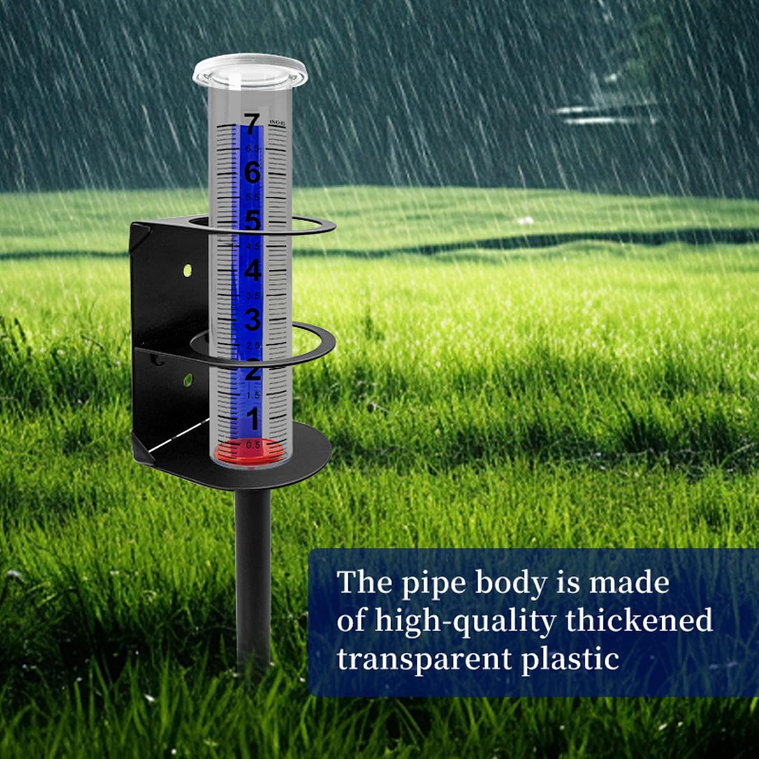 Rain Gauge Outdoor with Metal Stake Holder, Freeze Proof Thick Plastic Rain Meter, Large Clear Font Tube with Red Float for Yard Garden