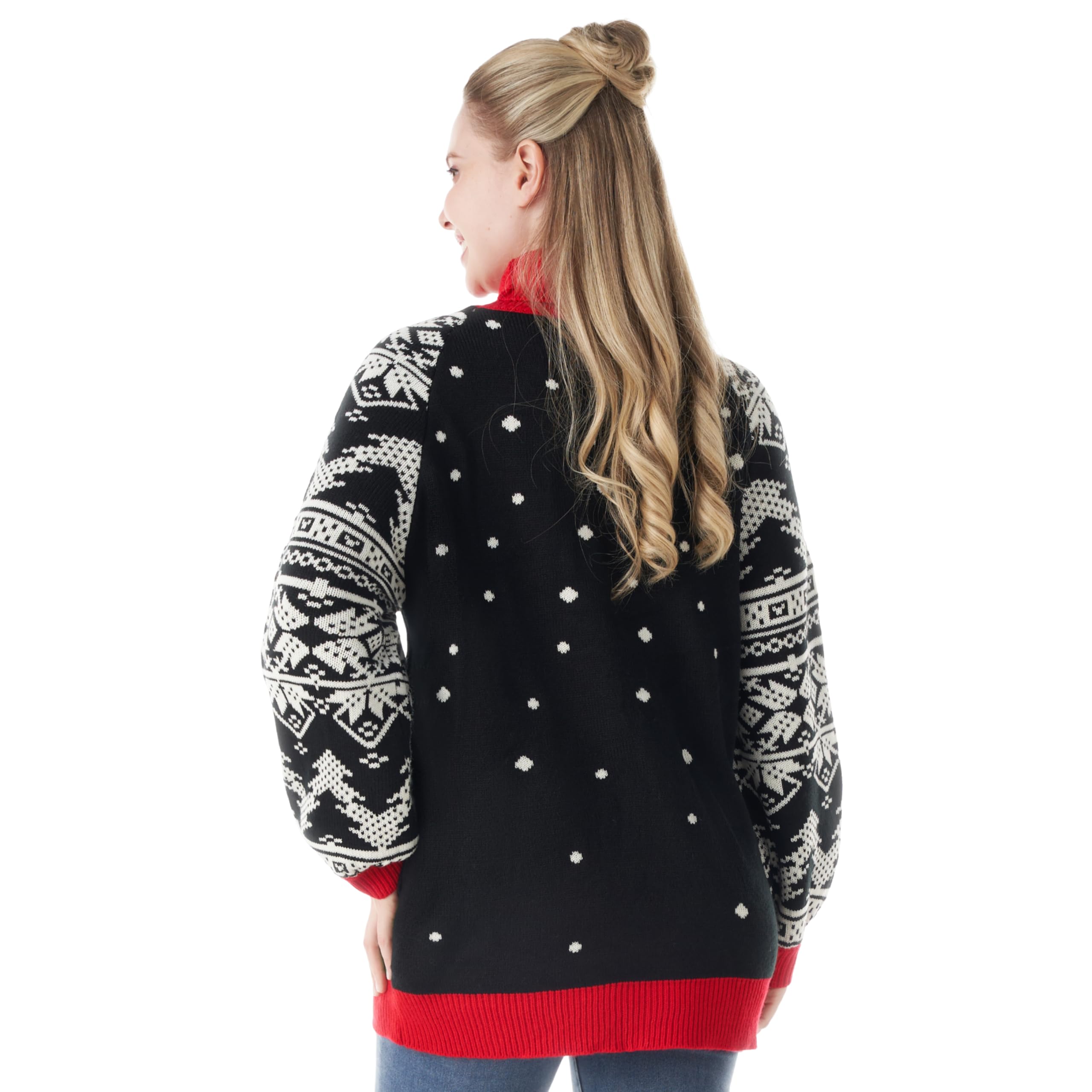JOYIN Mujer resplandor suéter feo vestido largo suéter con divertido árbol de Navidad 3D y bombillas de novedad, suéter negro de manga larga de Navidad patrón de punto