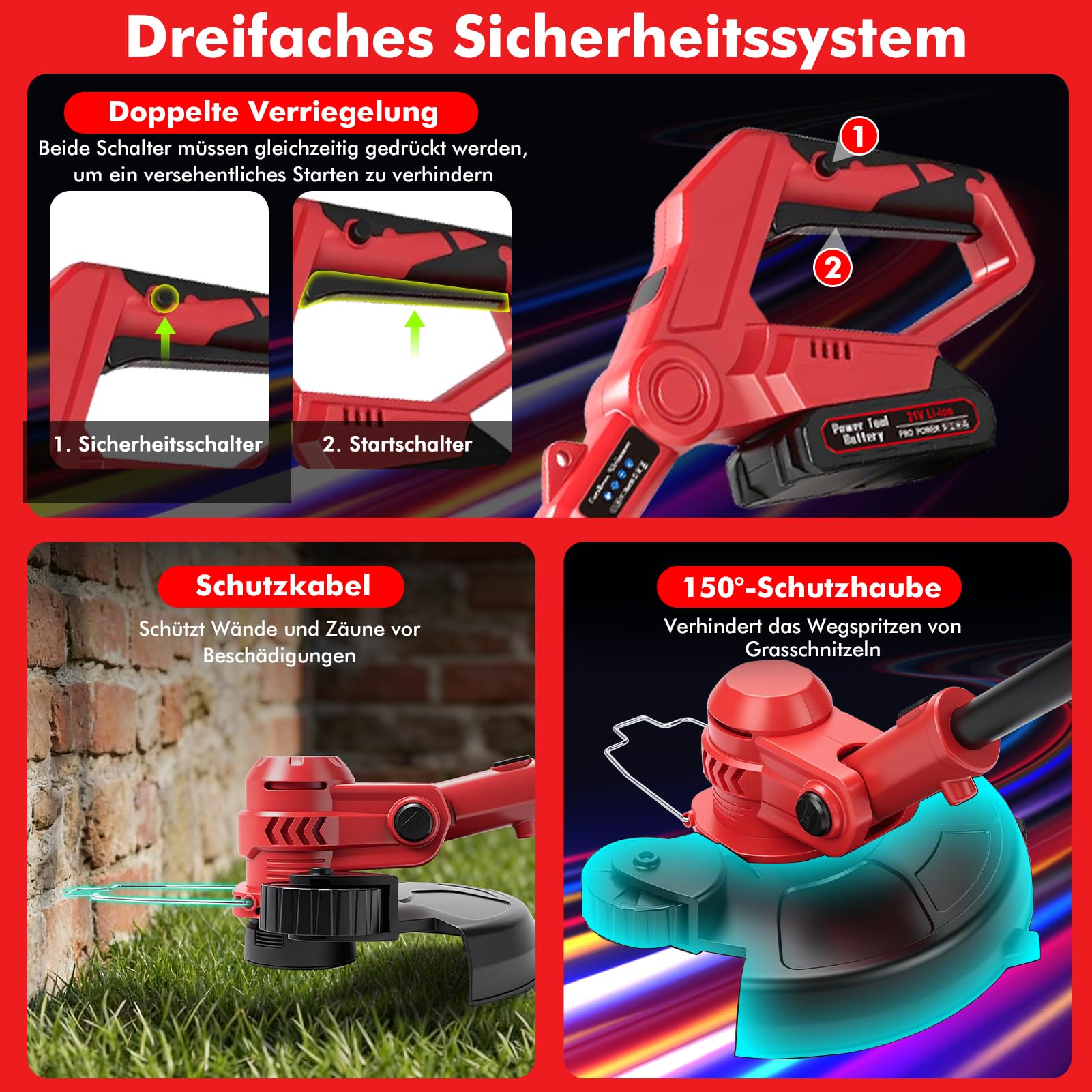 Akku Rasentrimmer Mit Akku Und Ladegerät, 2-In-1 Elektro Rasentrimmer & Kantenschneider Mit 300mm Schnittbreite, Teleskop Fadentrimmer Freischneider Mit 4 Fadenspulen FüR Rasen, Garten Unkraut