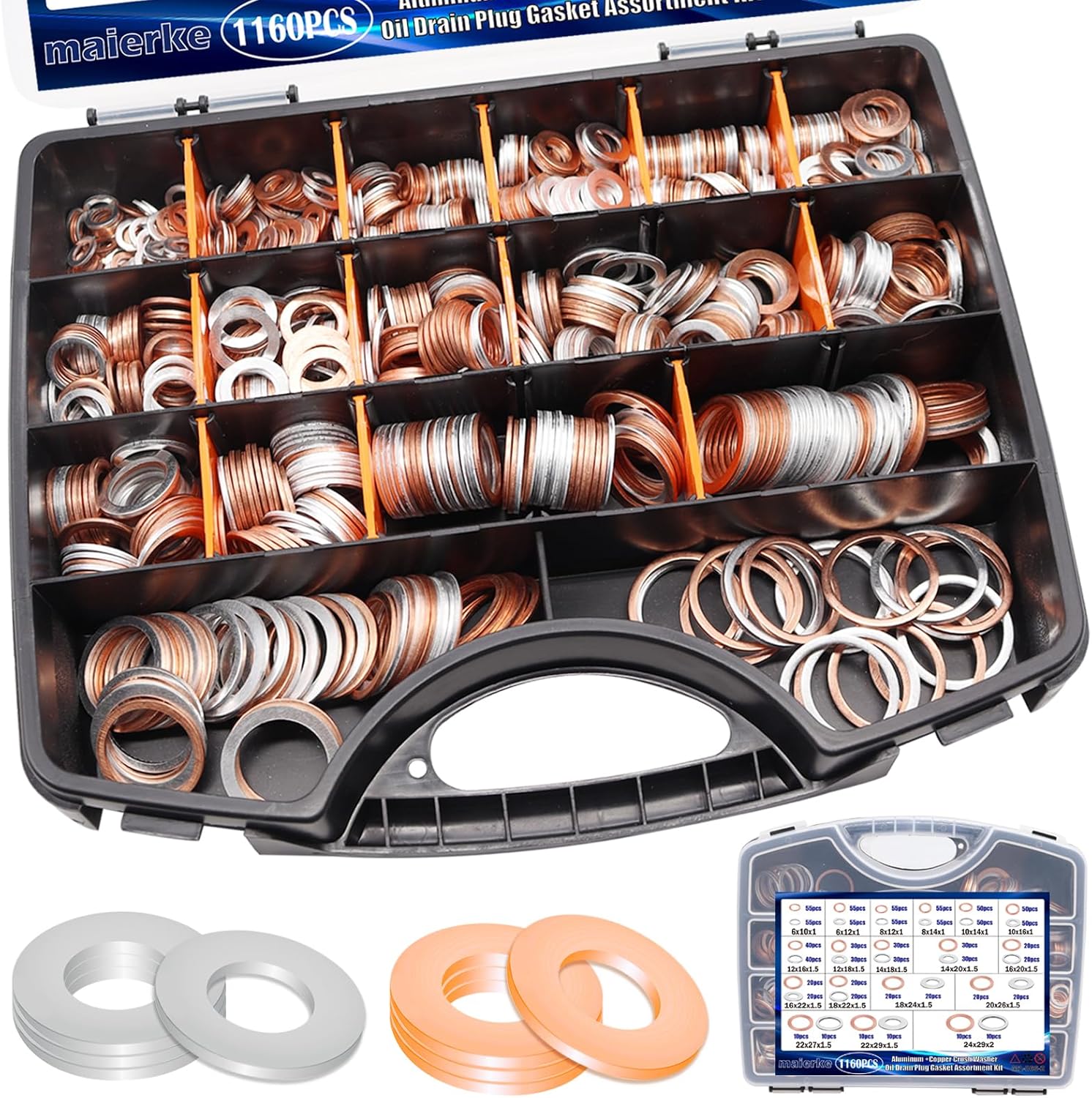 1160PCS Crush Washer Oil Drain Plug,18 Sizes Copper and Aluminum Oil Drain Plug Gasket Assortment,Automotive Engine Crush Washers (M6 M8 M10 M12 M14 M16 M18 M20 M22 M24)