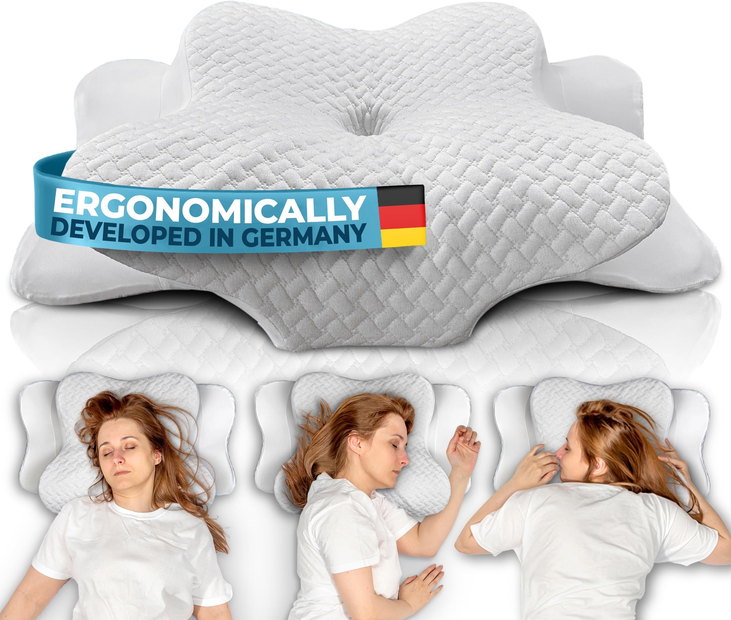Glückstoff® Ergonomic Neck Pillow [FOR ALL SLEEP TYPES] - Side Sleeper Pillow - Memory Foam Pillow - For Side, Back & Front Sleepers White
